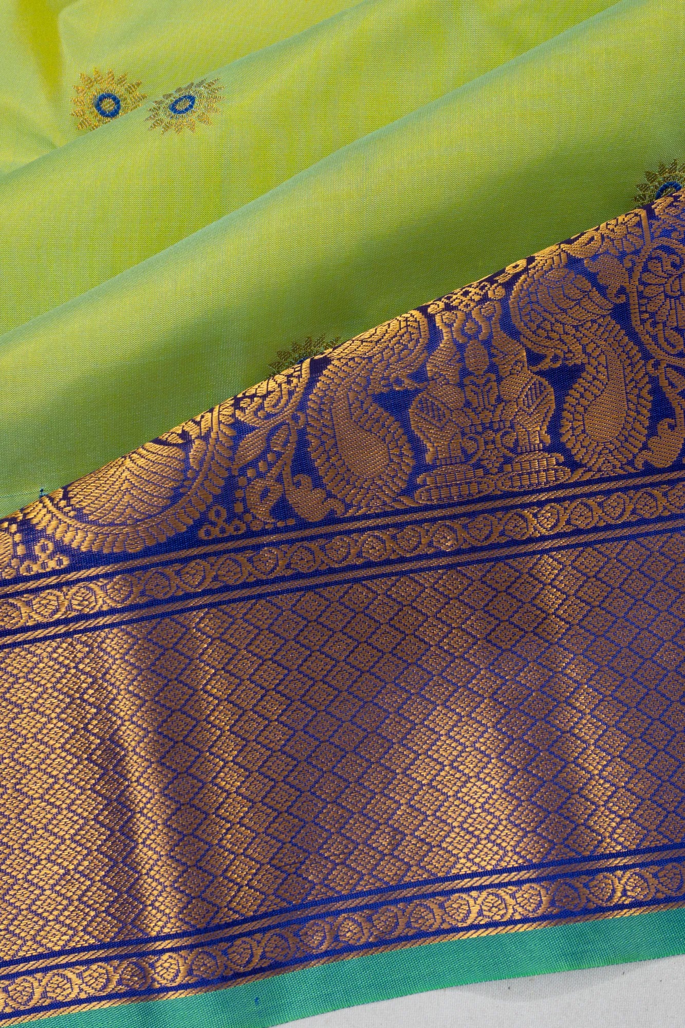 Gadwal Soft Silk Butta Parrot Green Saree