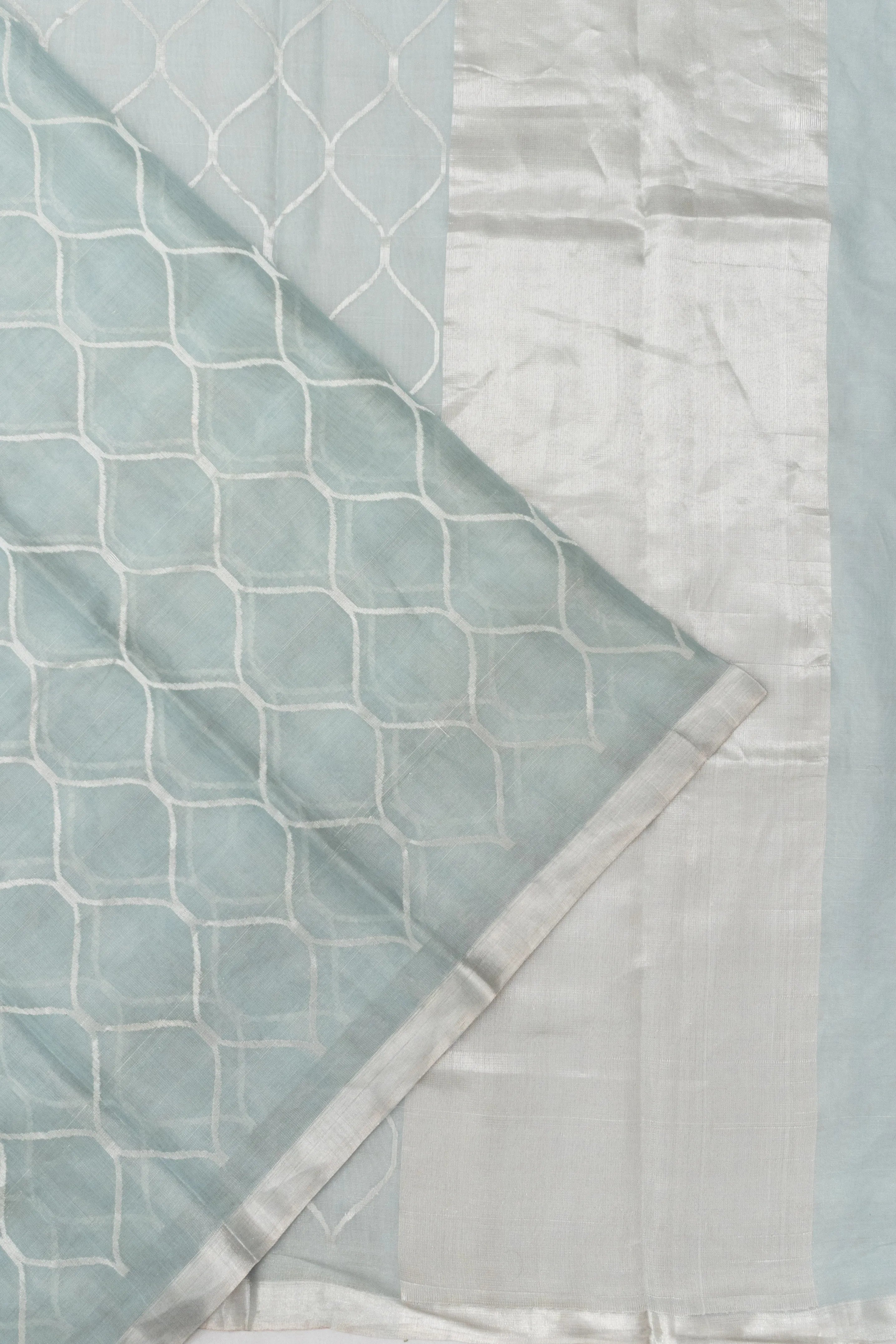 Cotton By Tussar Tissue Jaal Pastel Blue Saree
