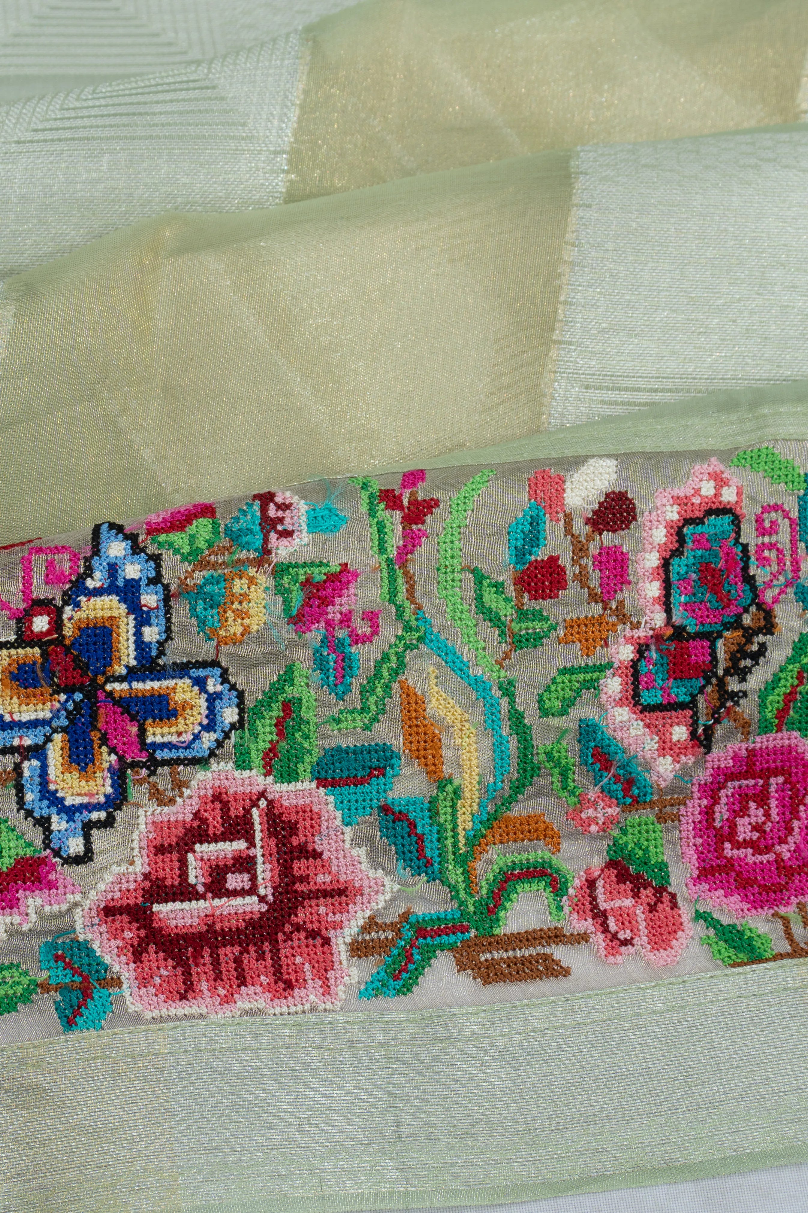 Banarasi Kora Organza Geometrical Brocade Pastel Green Saree