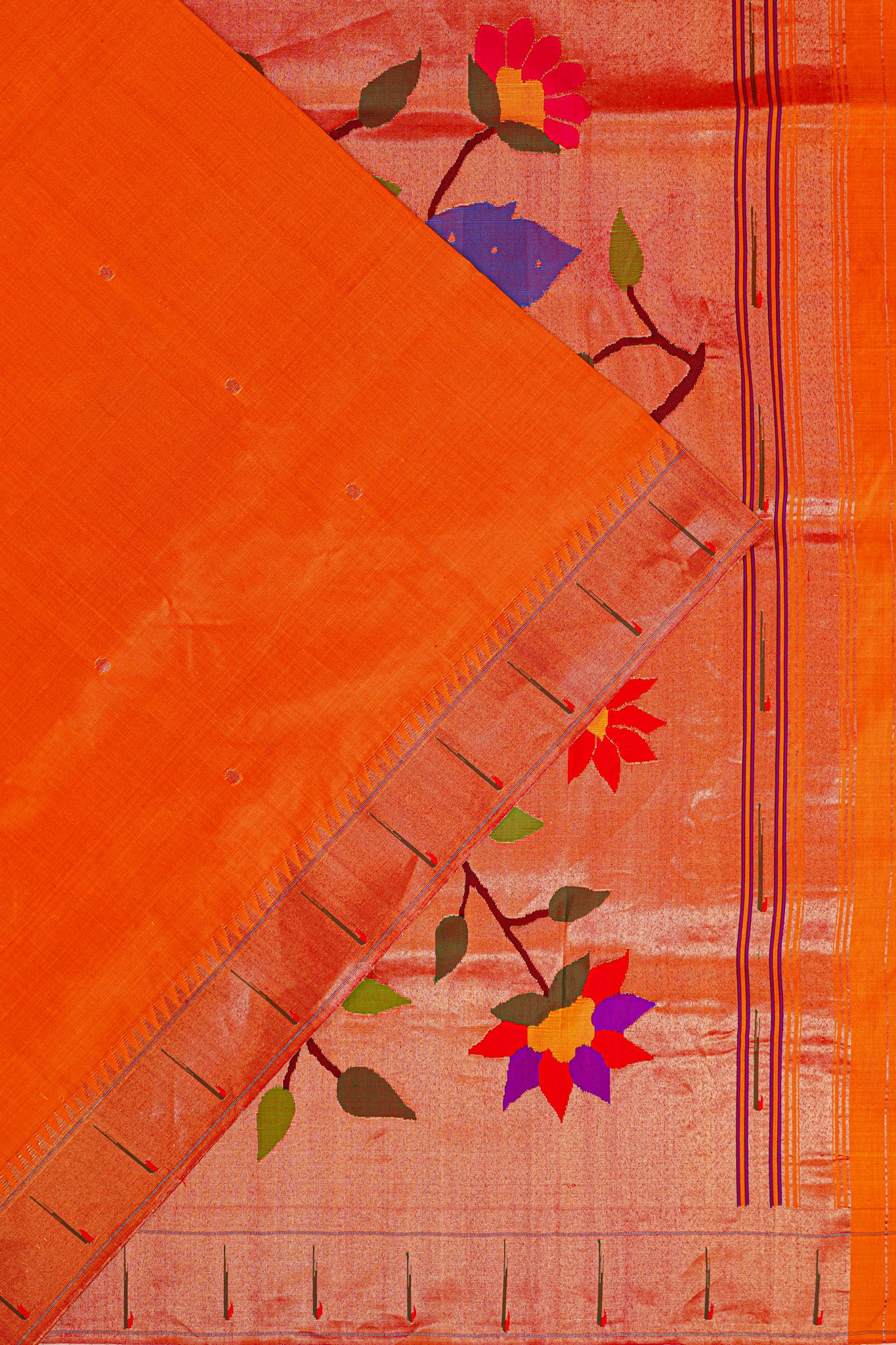 Paithani Silk Butta Orange Saree With Single Muniya Border