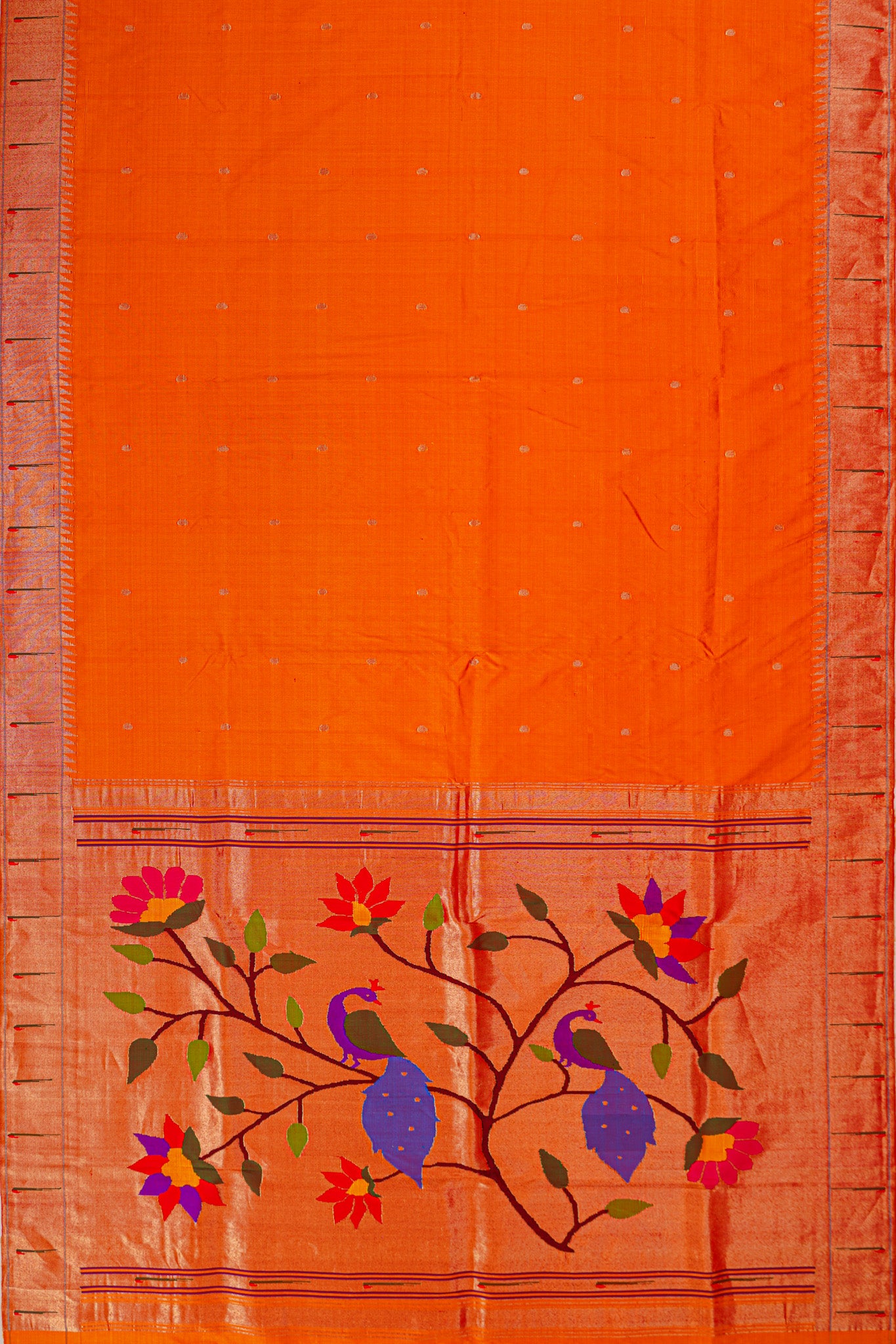 Paithani Silk Butta Orange Saree With Single Muniya Border