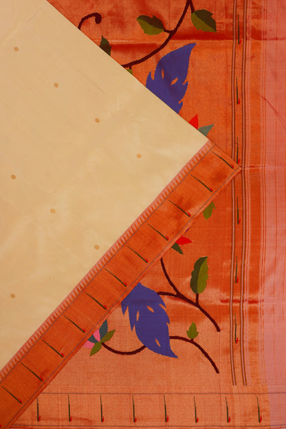 Paithani Silk Butta Cream Saree With Single Muniya Border