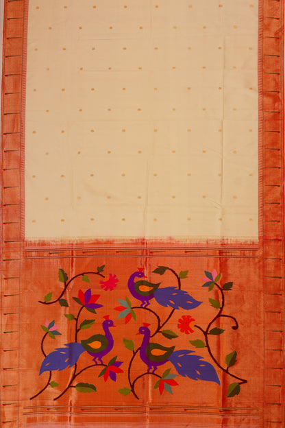 Paithani Silk Butta Cream Saree With Single Muniya Border