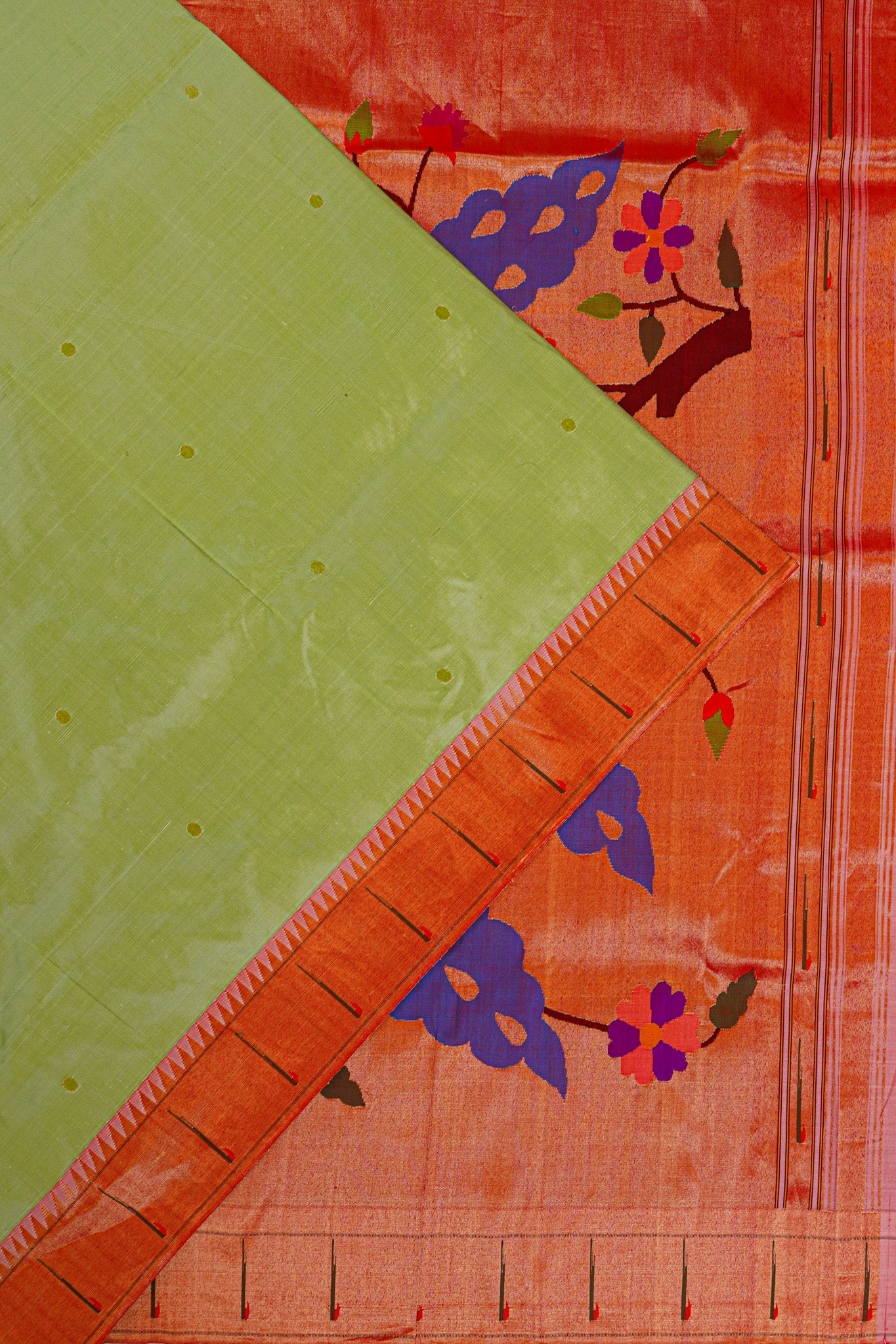 Paithani Silk Butta Green Saree With Single Muniya Border