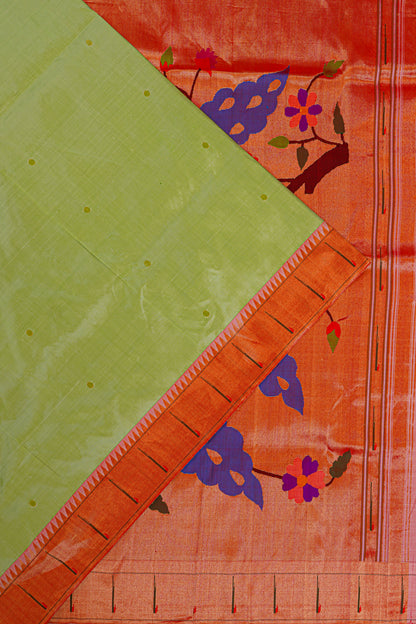 Paithani Silk Butta Green Saree With Single Muniya Border