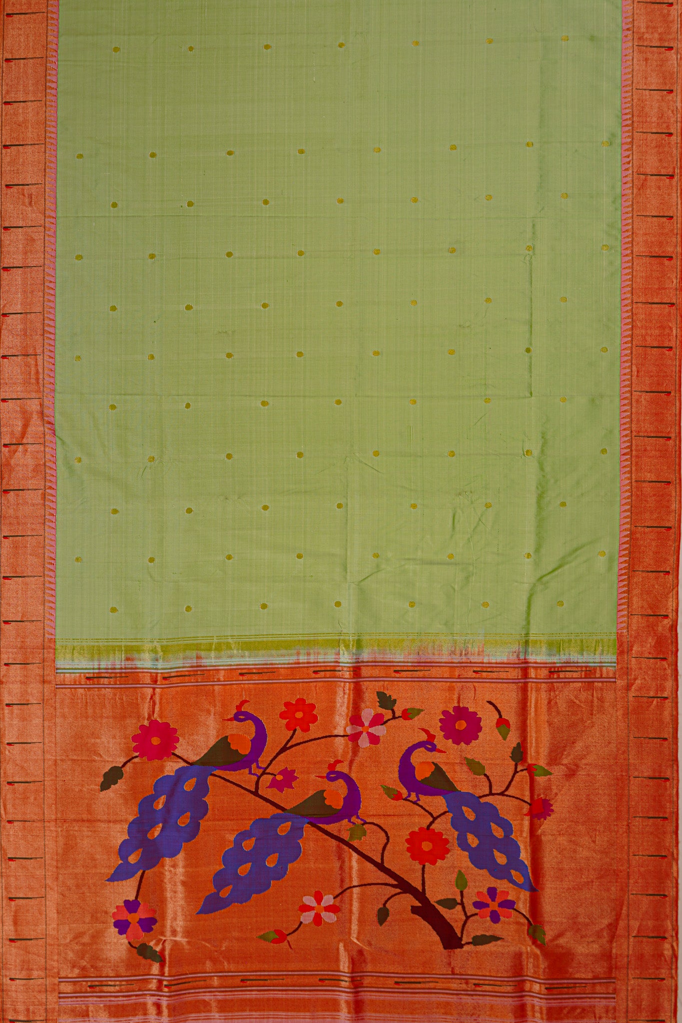Paithani Silk Butta Green Saree With Single Muniya Border