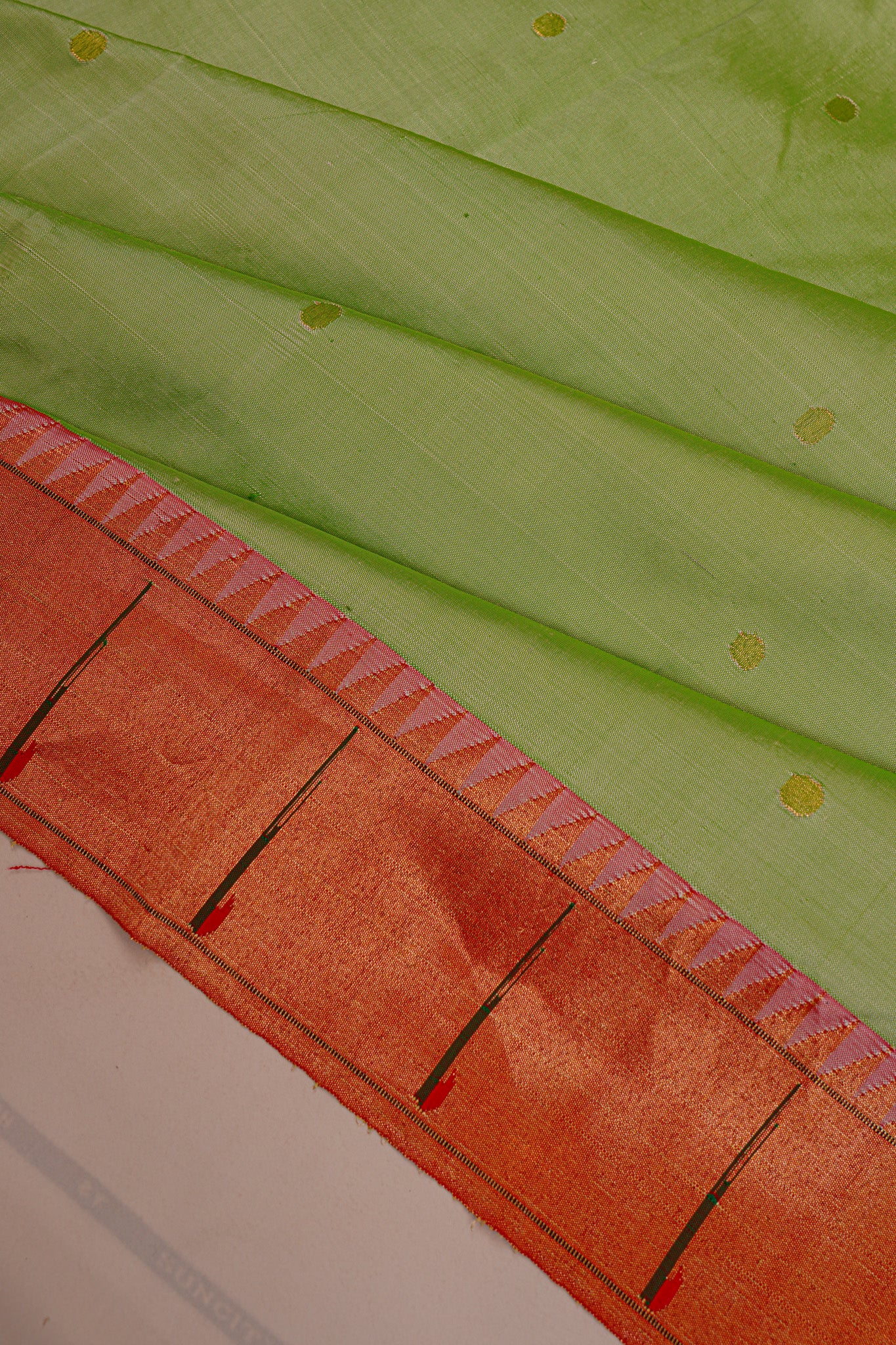 Paithani Silk Butta Green Saree With Single Muniya Border