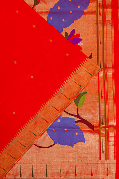 Paithani Silk Butta Red Saree With Single Muniya Border