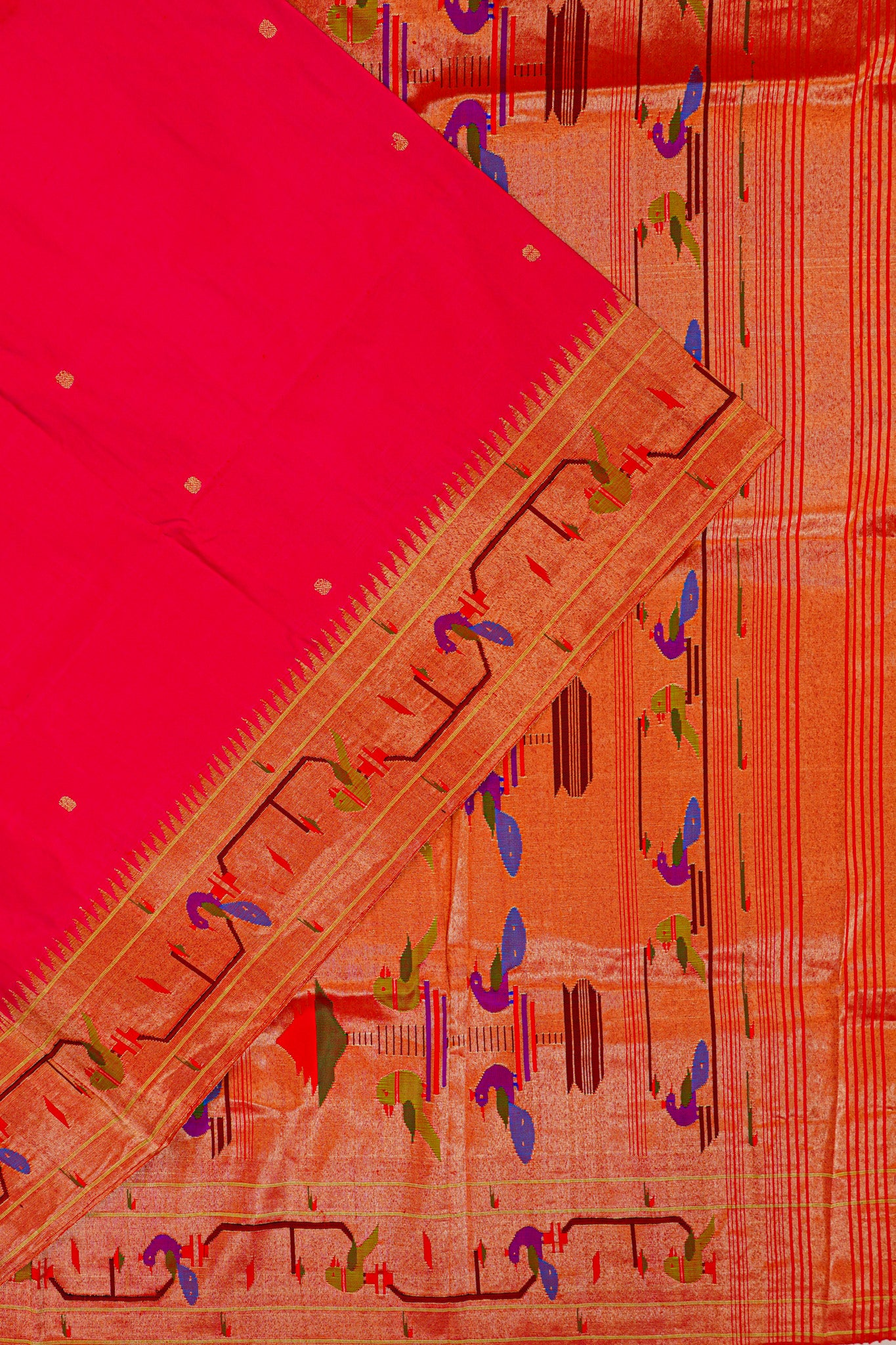 Paithani Silk Butta Orange Saree With Akruthi Border