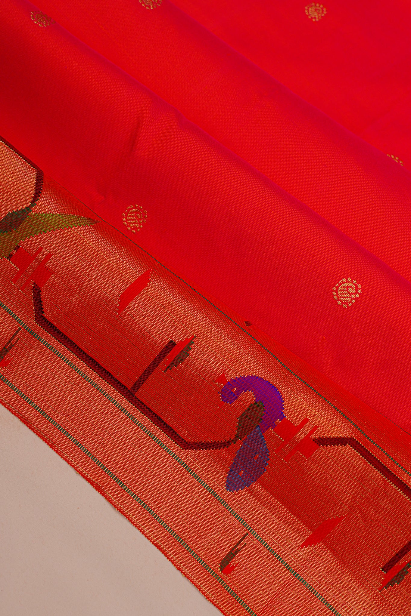 Paithani Silk Butta Red Saree With Akruthi Border