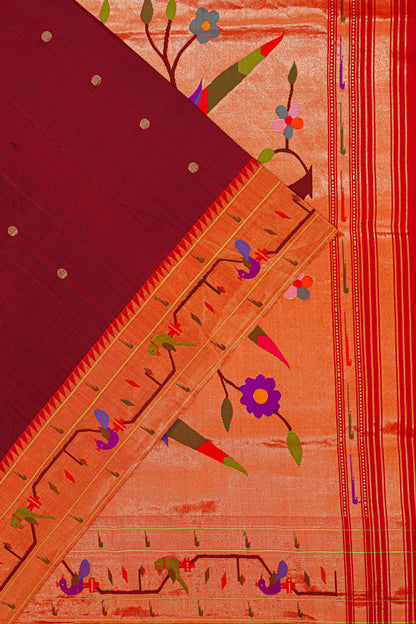 Paithani Silk Butta Maroon Saree With Akruthi Border