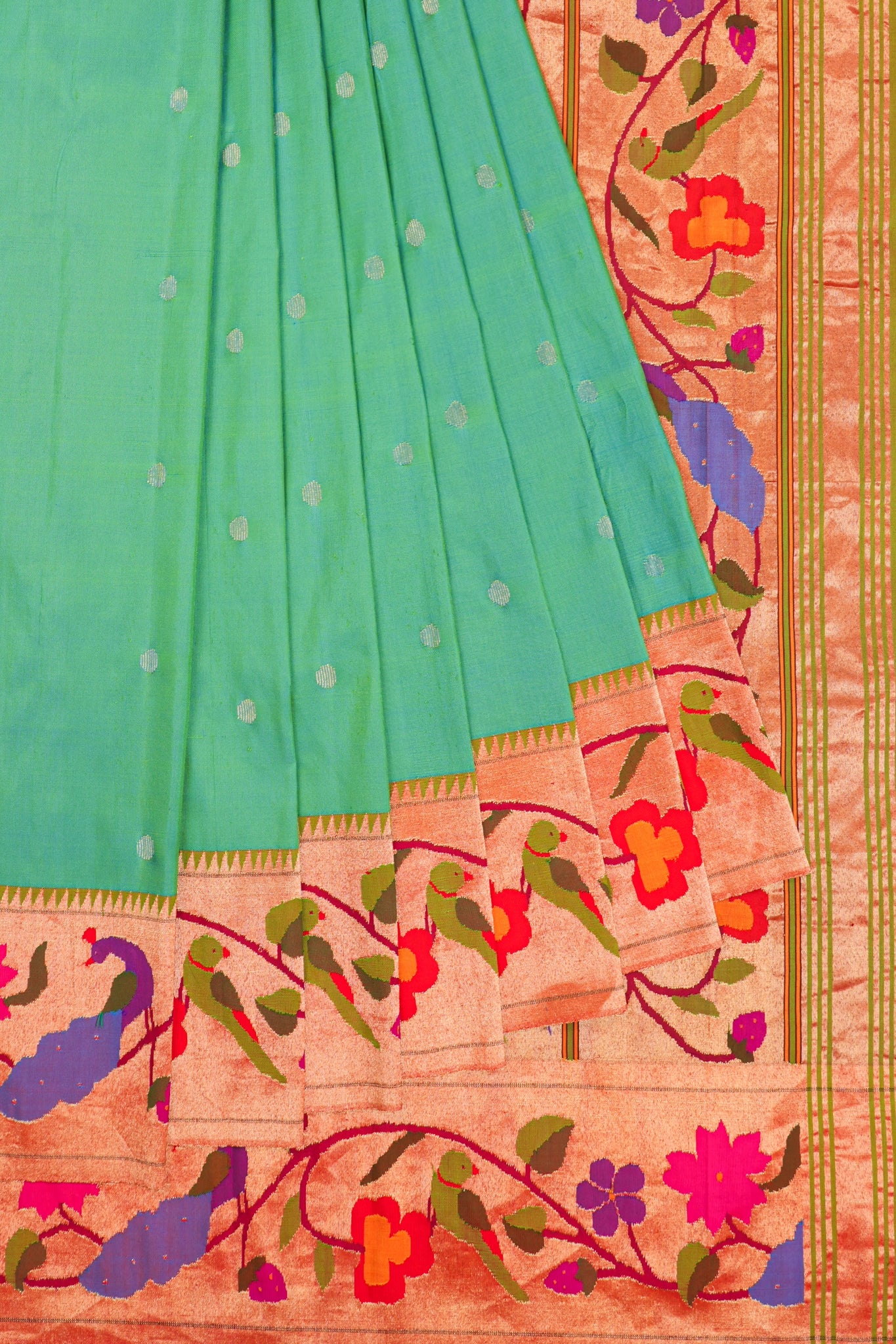 Paithani Silk Butta Sea Green Saree With Asavali Border