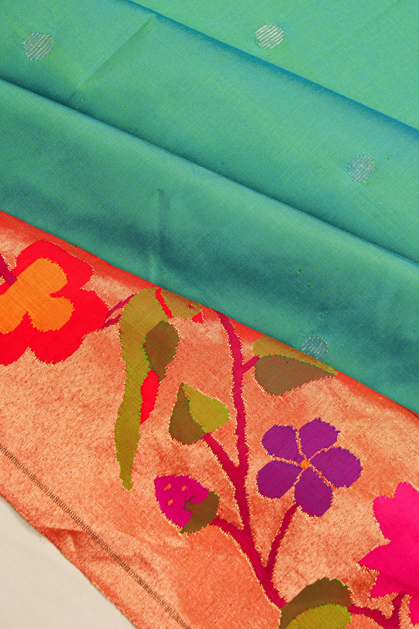 Paithani Silk Butta Sea Green Saree With Asavali Border