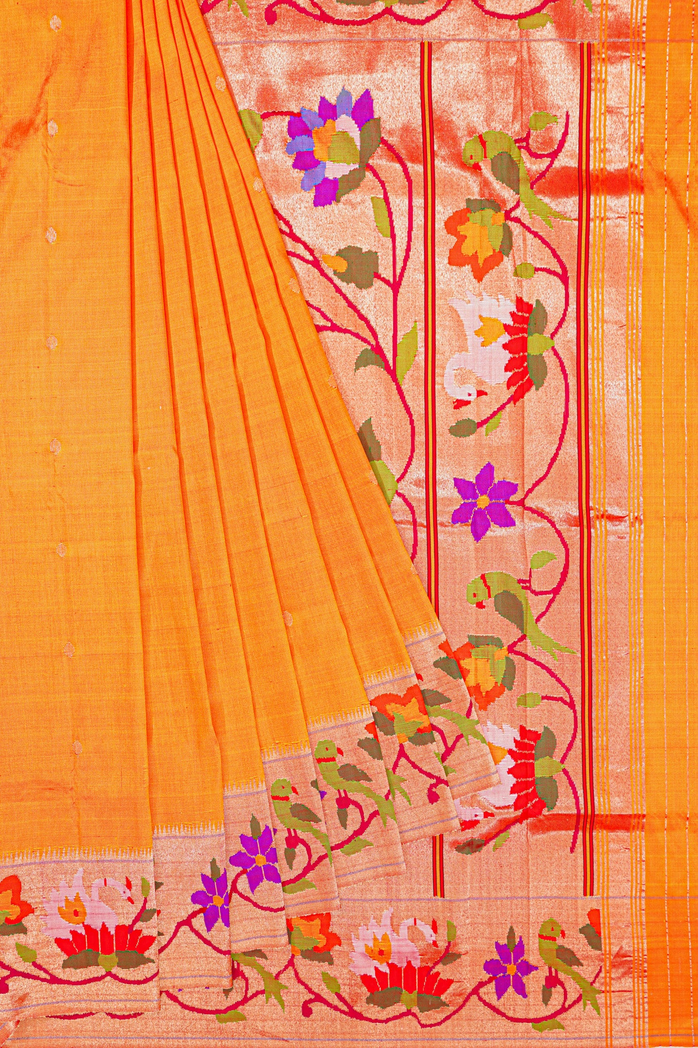 Paithani Silk Butta Yellow Saree With Lotus Border