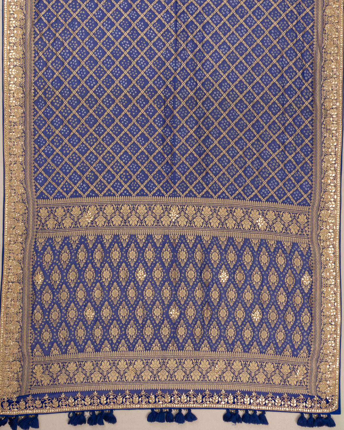 Banarasi Georgette Bandhani Jaal Royal Blue Saree With Gota Patti Border