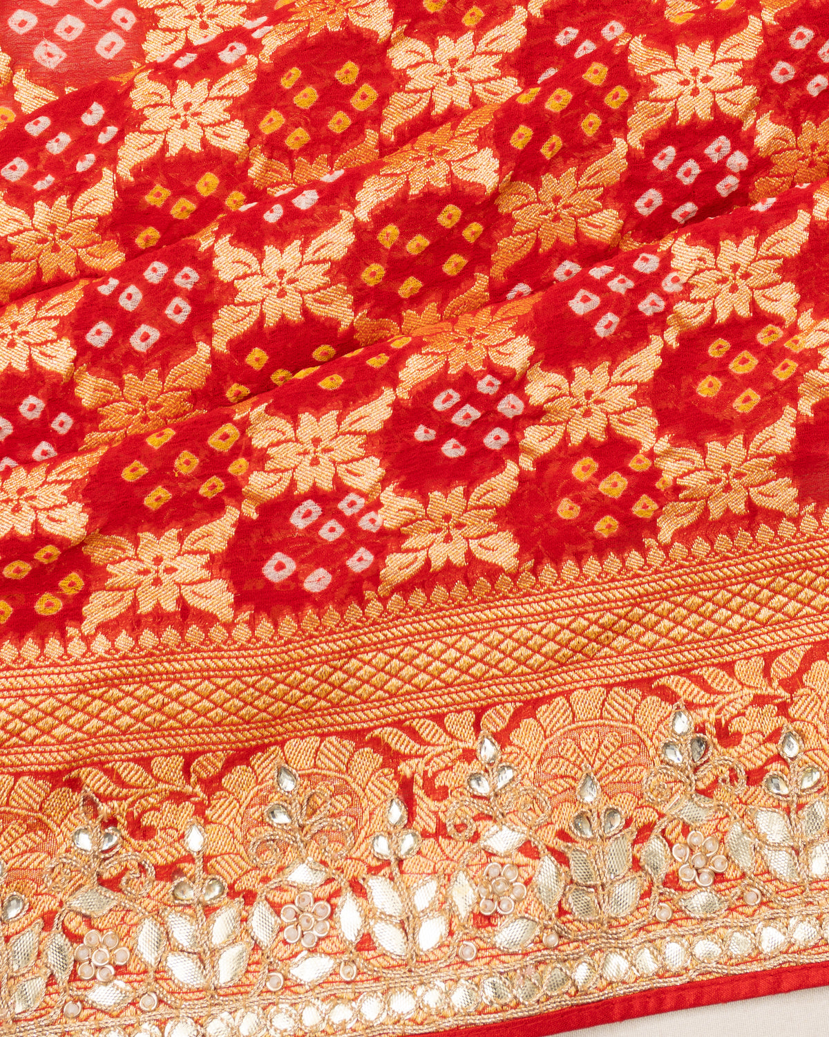 Banarasi Georgette Bandhani Jaal Red Saree With Gota Ptti Border