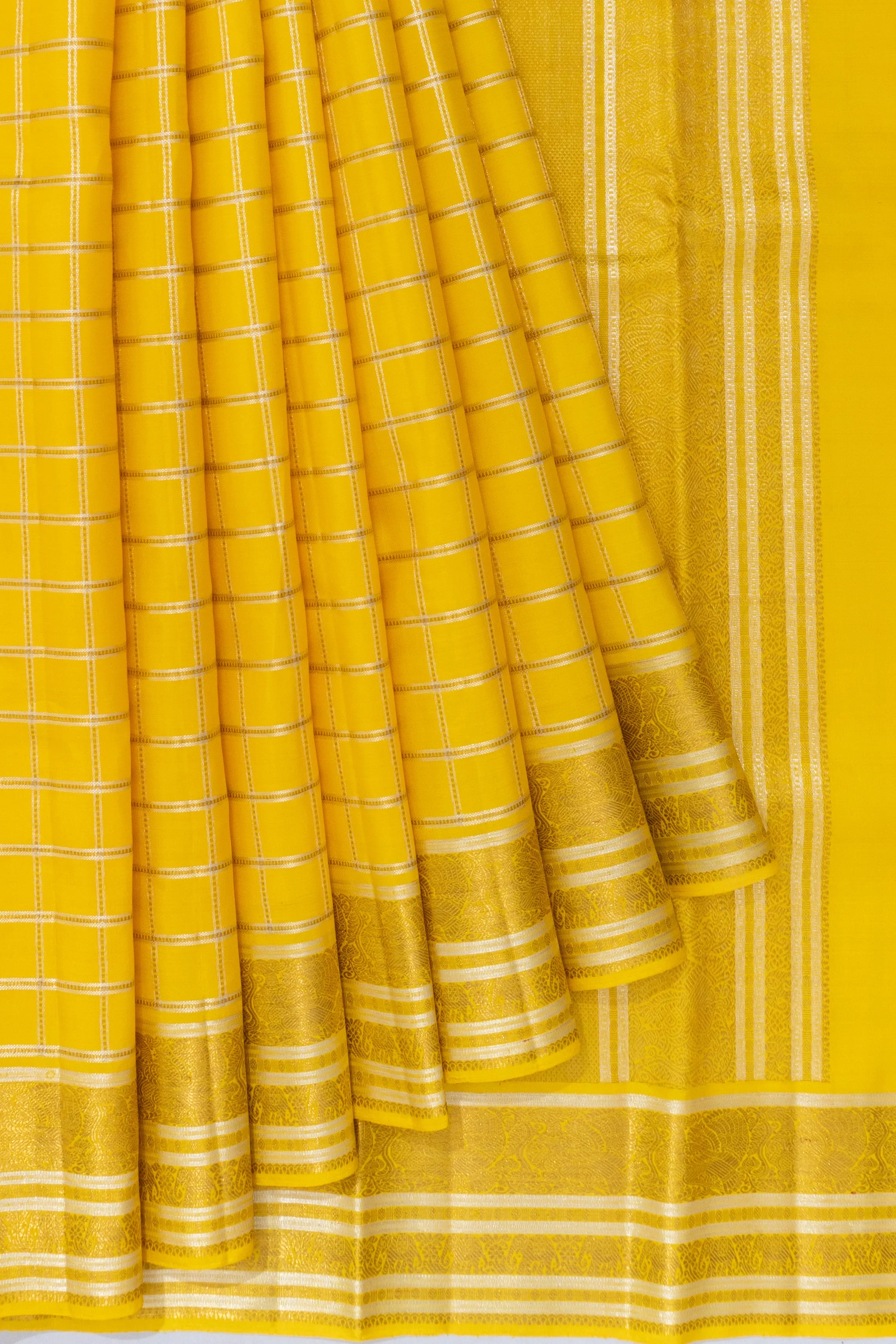 Classic Kanchipuram Silk Checks Yellow Saree