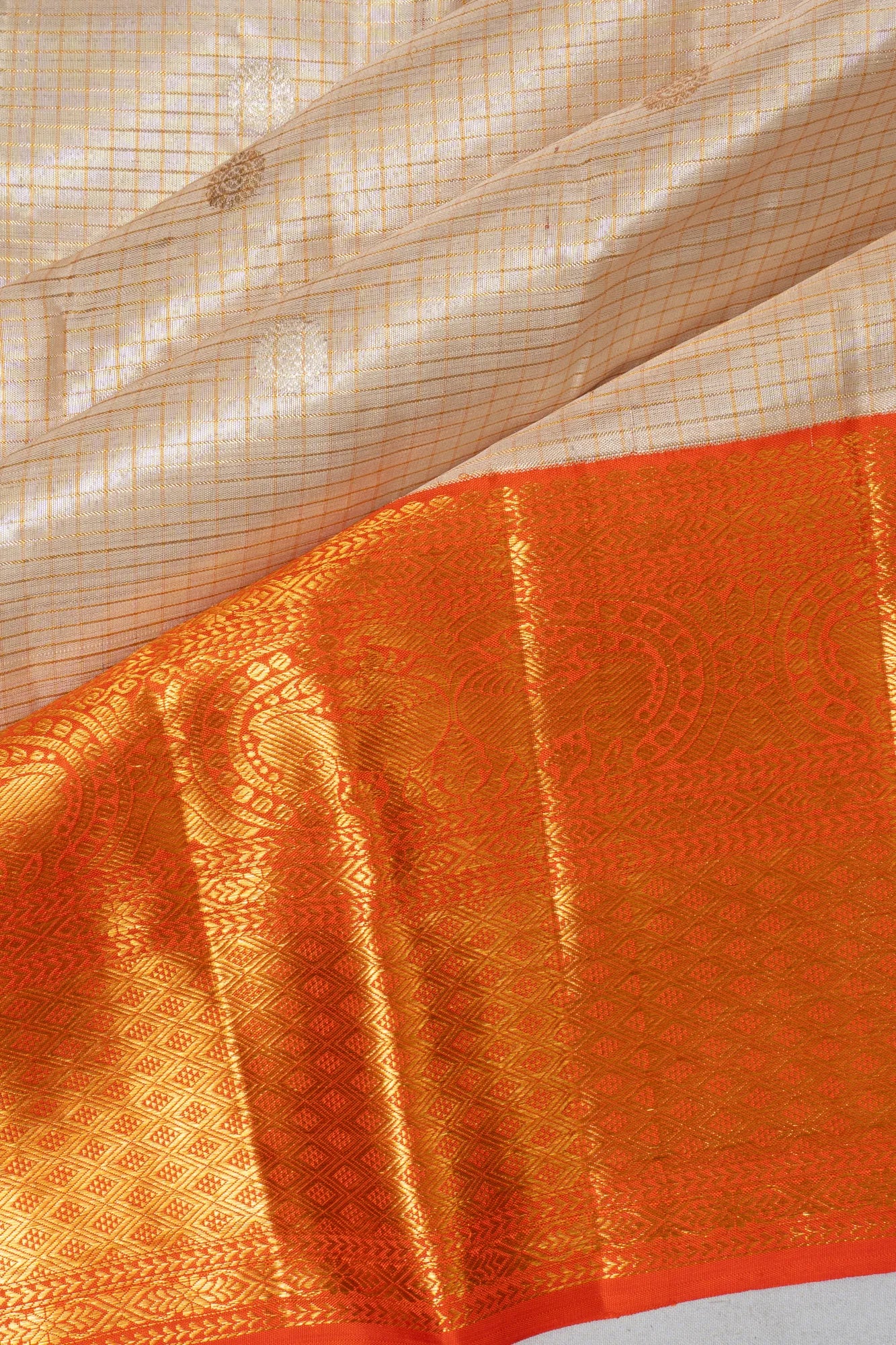 Kanchipuram Silk Tissue Checks And Butta Gold Saree