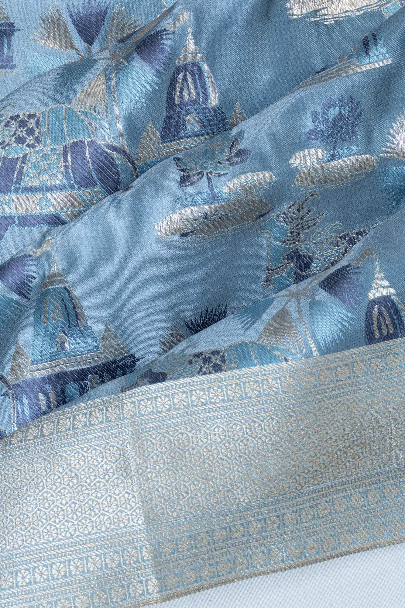 Banarasi Satin Pichwai Brocade Pastel Blue Saree