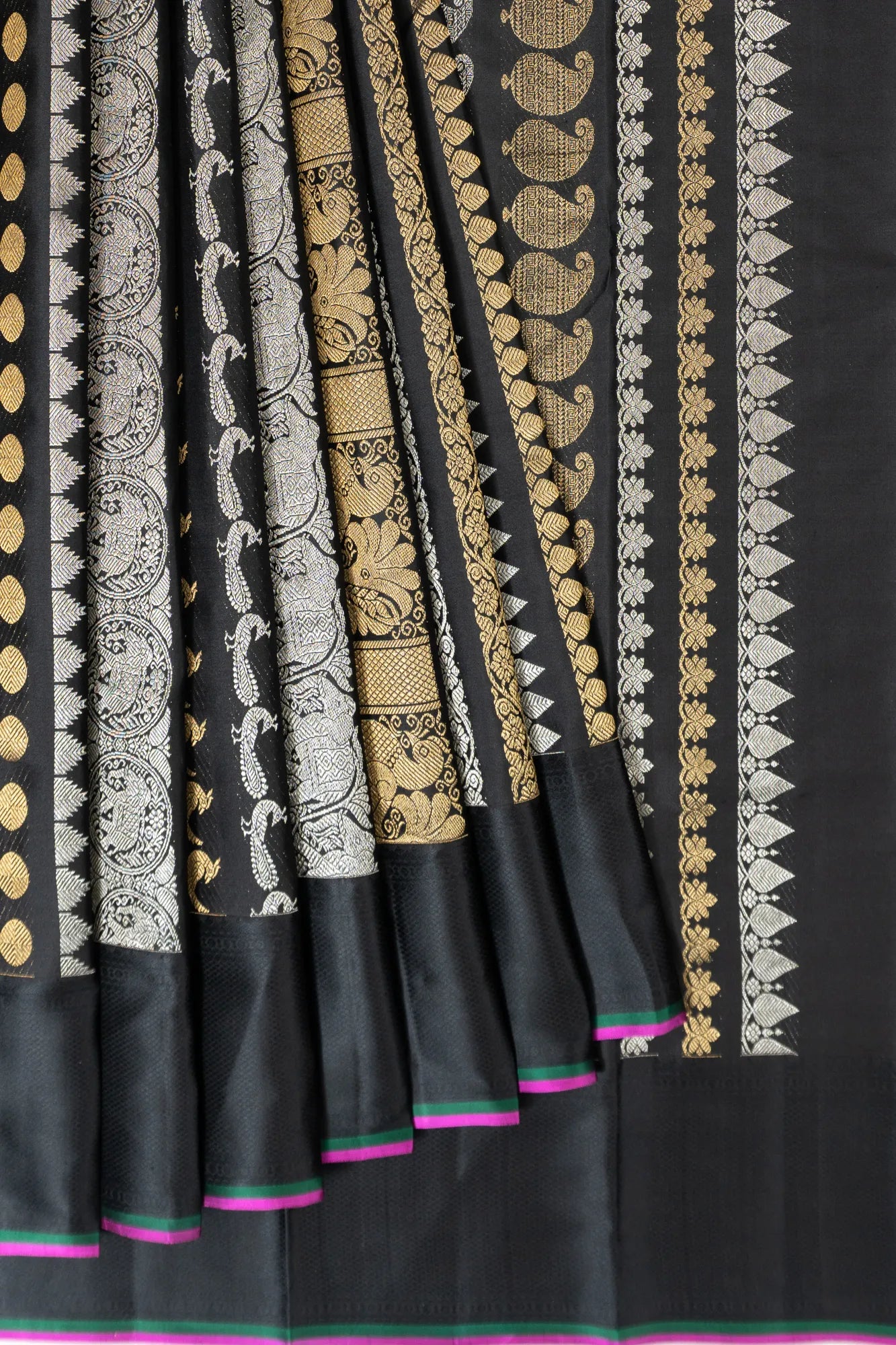Classic Kanchipuram Silk Half And Half Brocade Black Saree