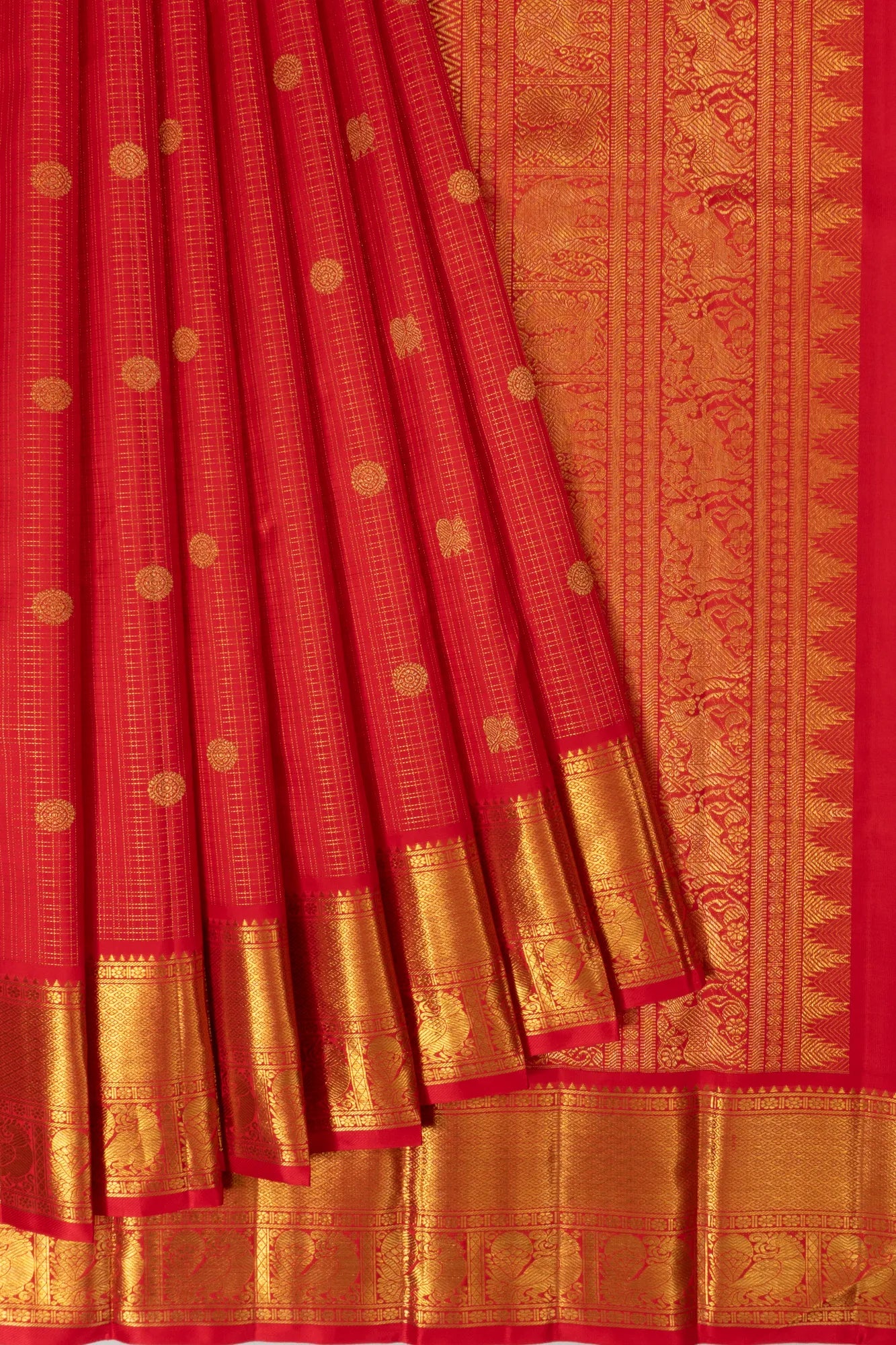 Kanchipuram Silk Checks And Butta Red Saree