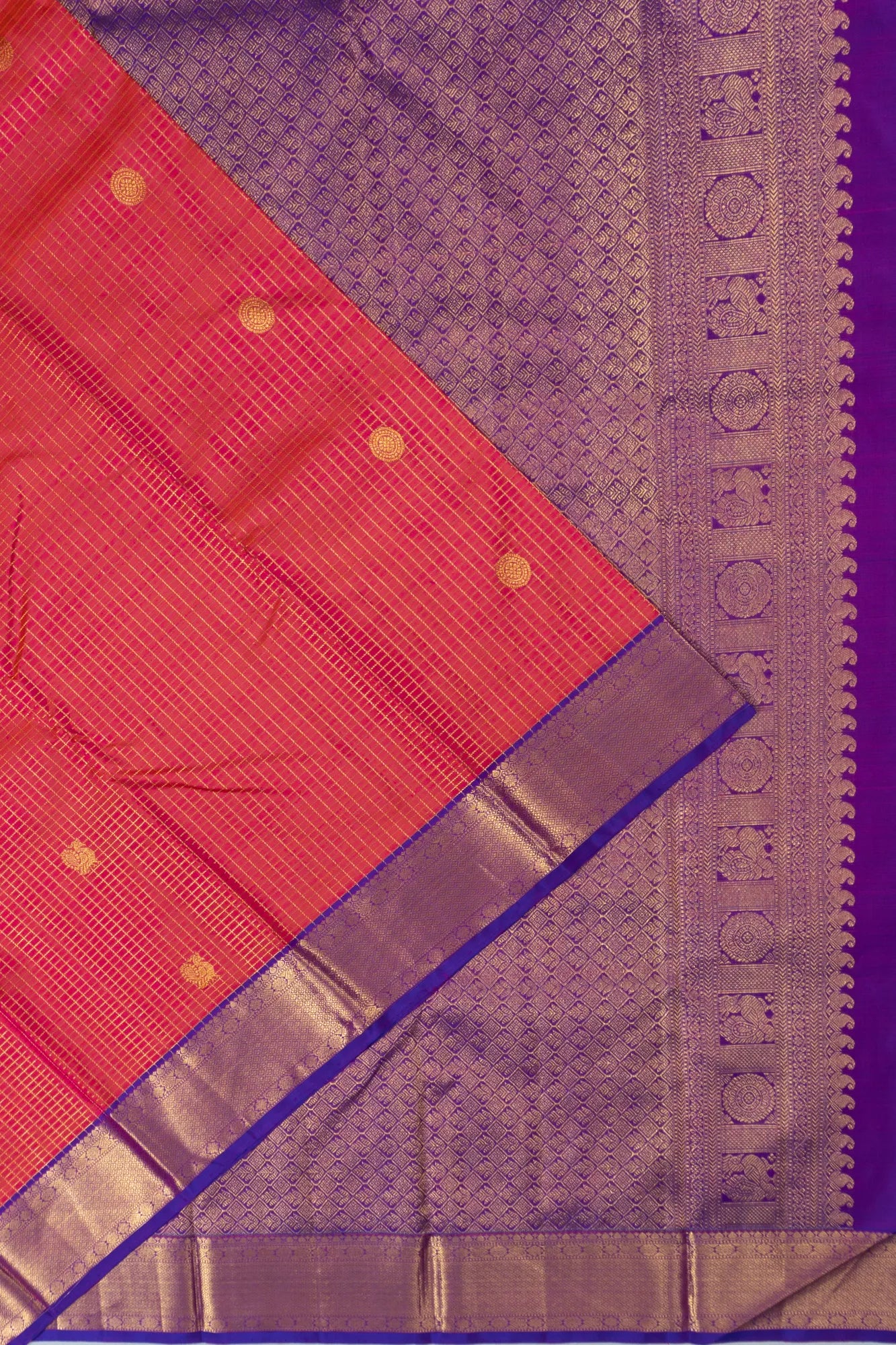 Classic Kanchipuram Silk Checks And Butta Dual Tone Pink And Orange Saree