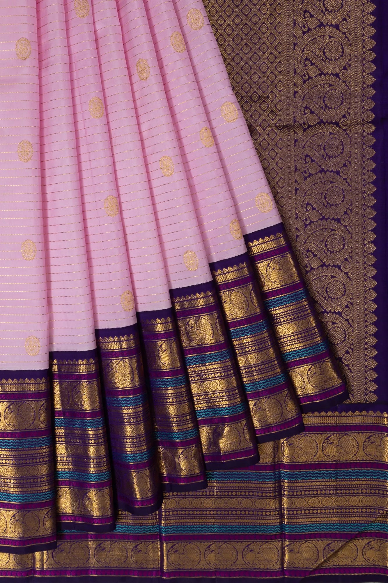 Classic Kanchipuram Silk Horizontal Lines And Butta Baby Pink Saree