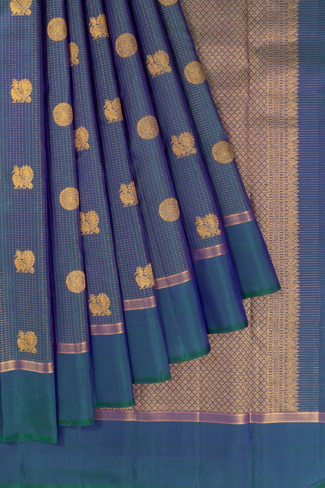 Kanchipuram Silk Checks And Butta Dual Tone Blue And Green Saree