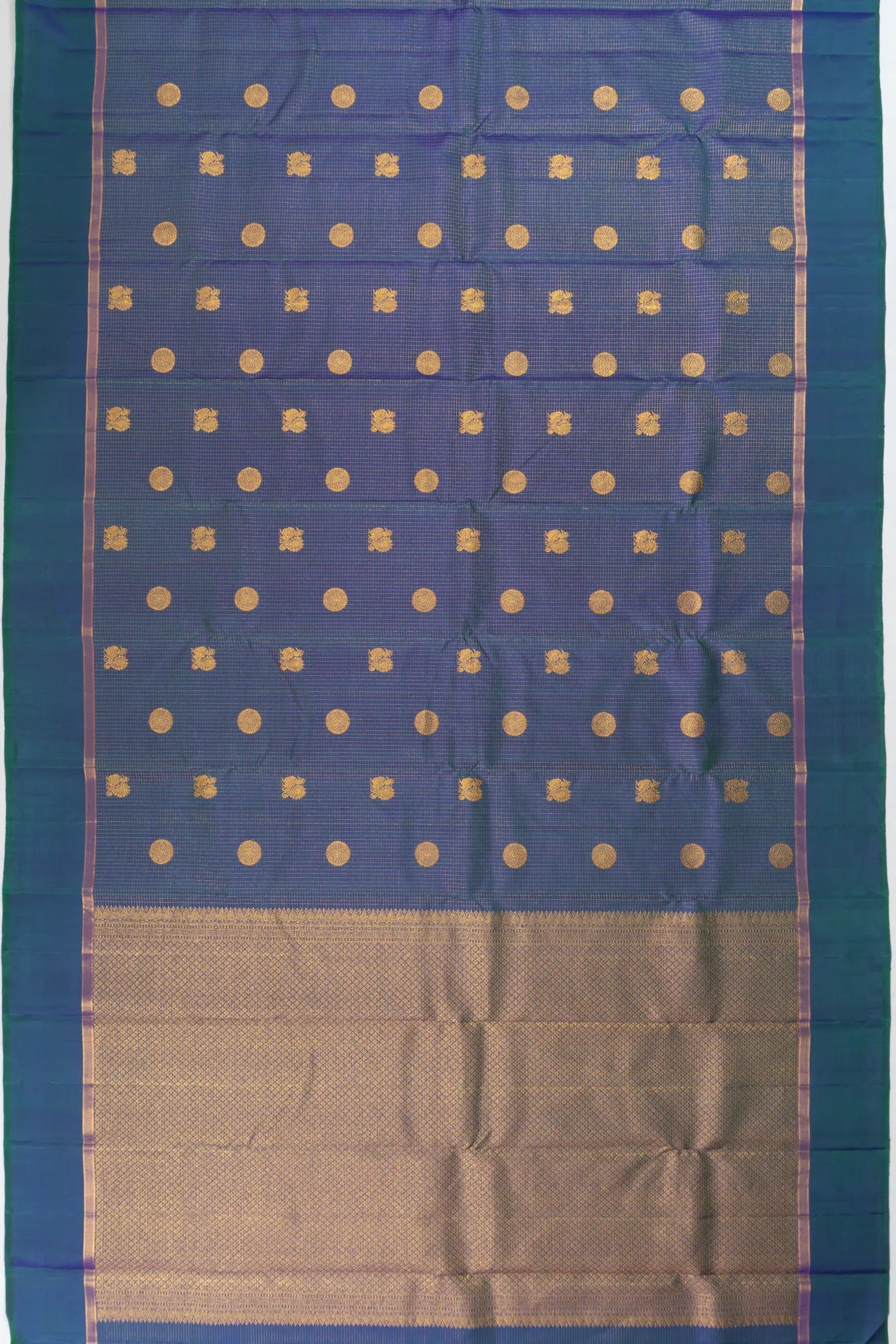 Kanchipuram Silk Checks And Butta Dual Tone Blue And Green Saree