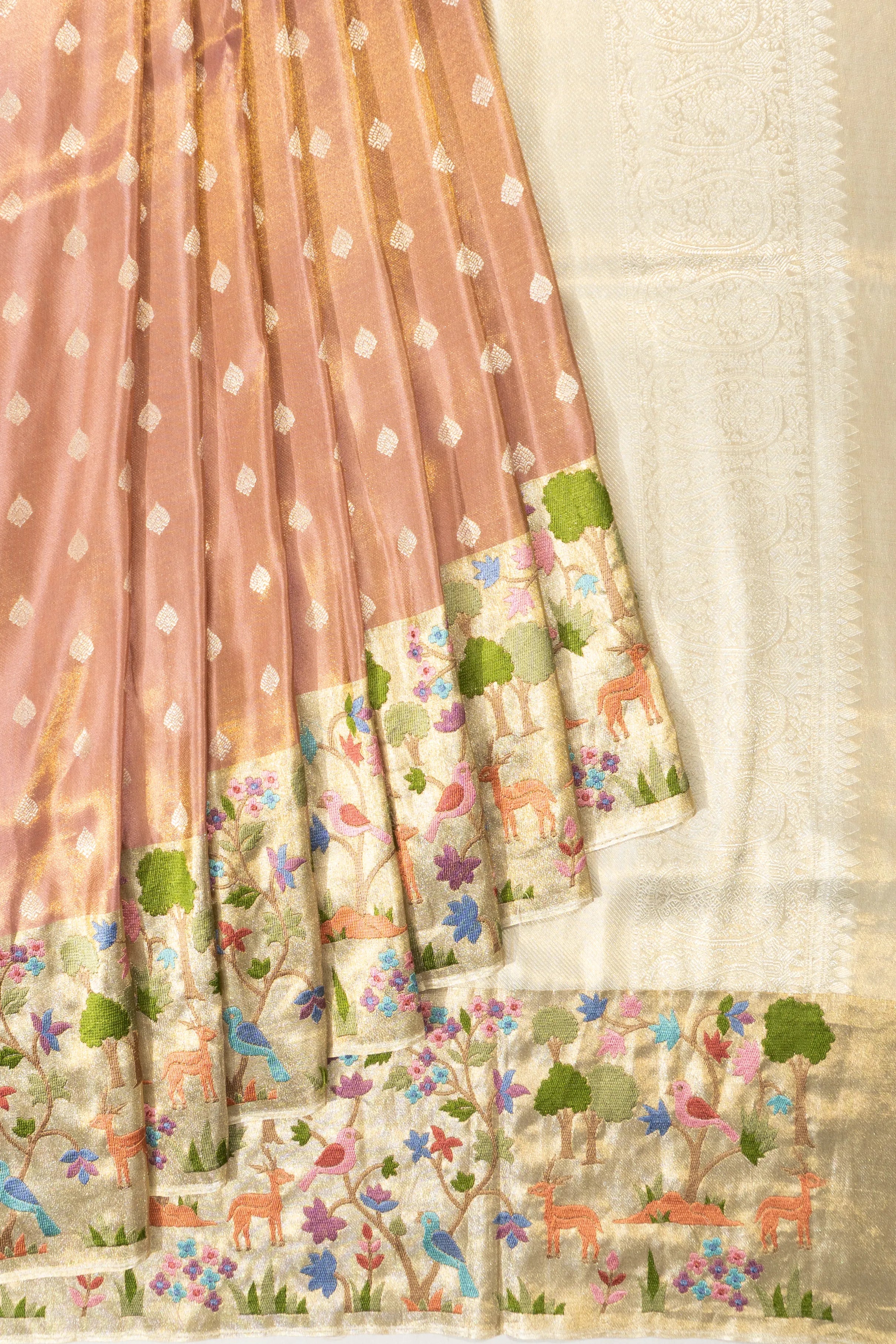 Kanchipuram Silk Tissue Butta Peach Saree With Embroidery Border