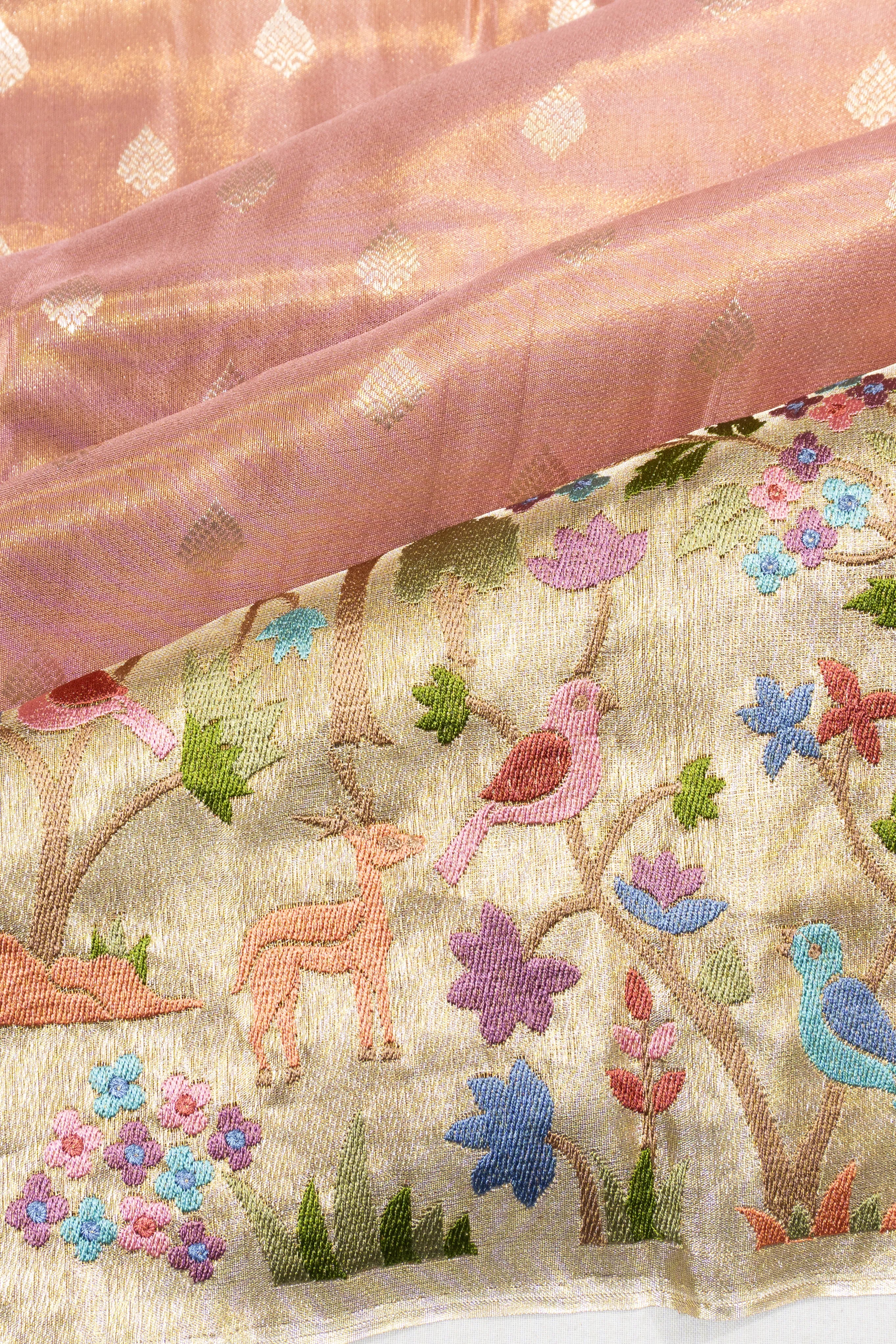 Kanchipuram Silk Tissue Butta Peach Saree With Embroidery Border