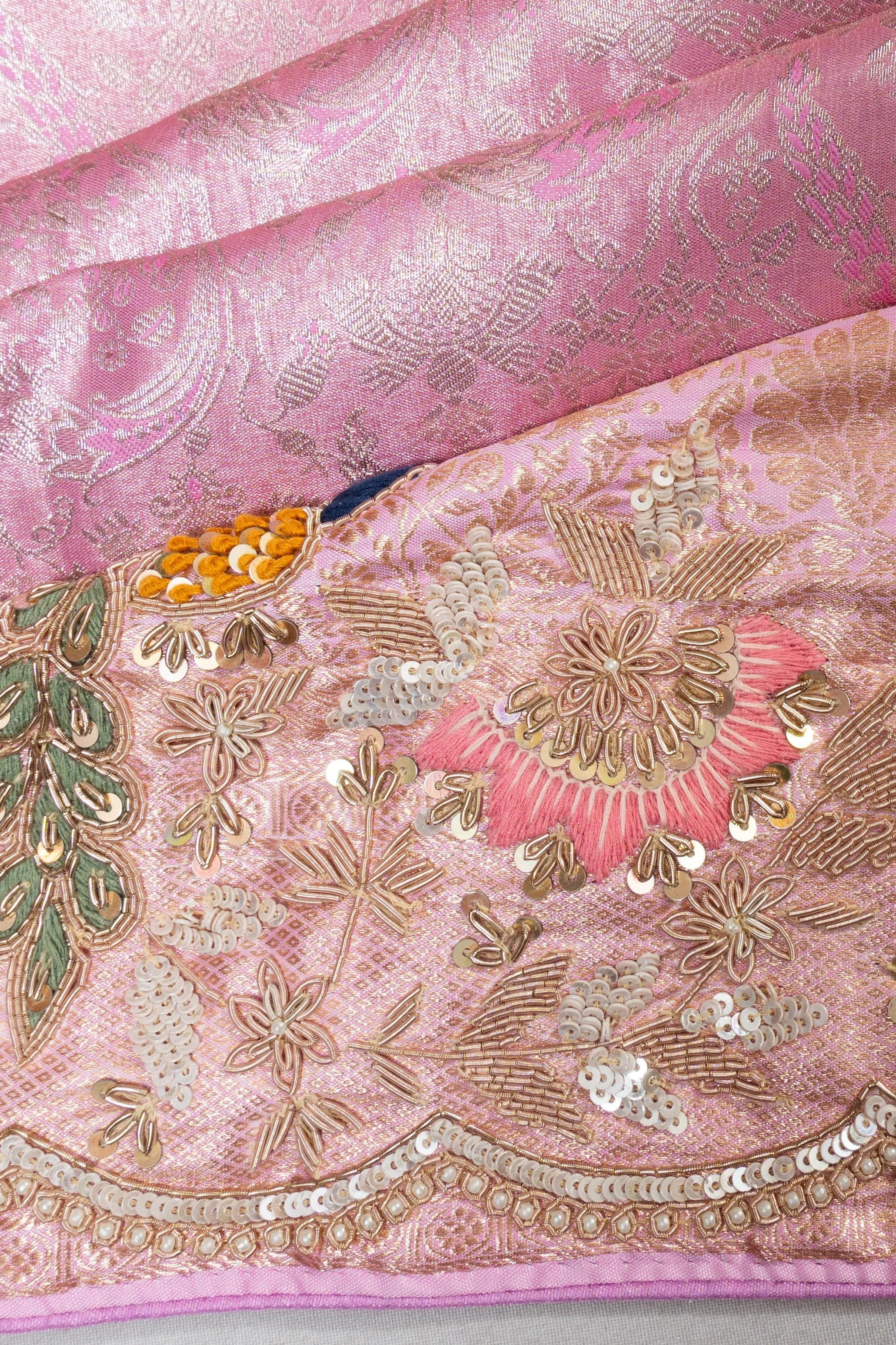 Kanchipuram Silk Tissue Brocade Baby Pink Saree With Zardosi Work