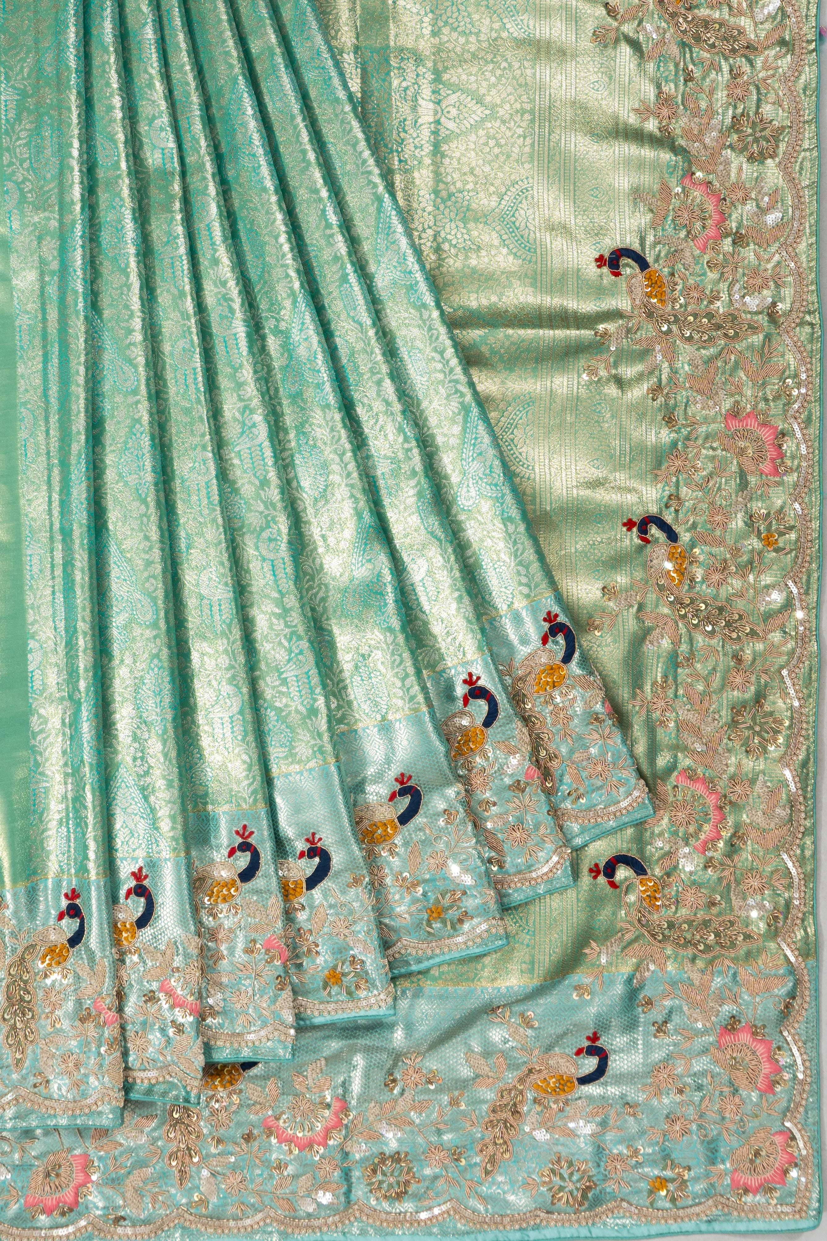 Kanchipuram Silk Tissue Brocade Green Saree With Zardosi Work