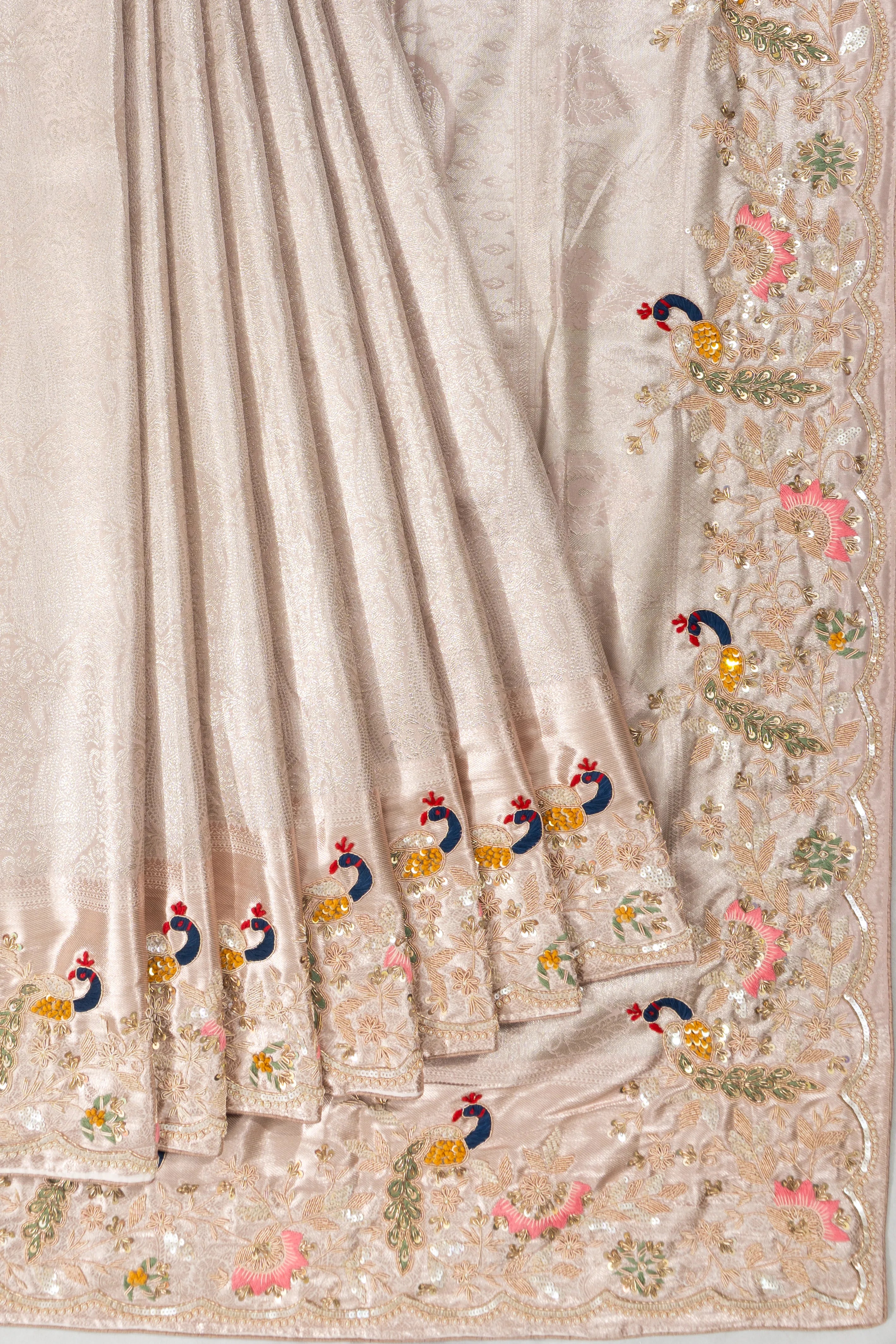 Kanchipuram Silk Tissue Brocade Cream Saree With Zardosi Work