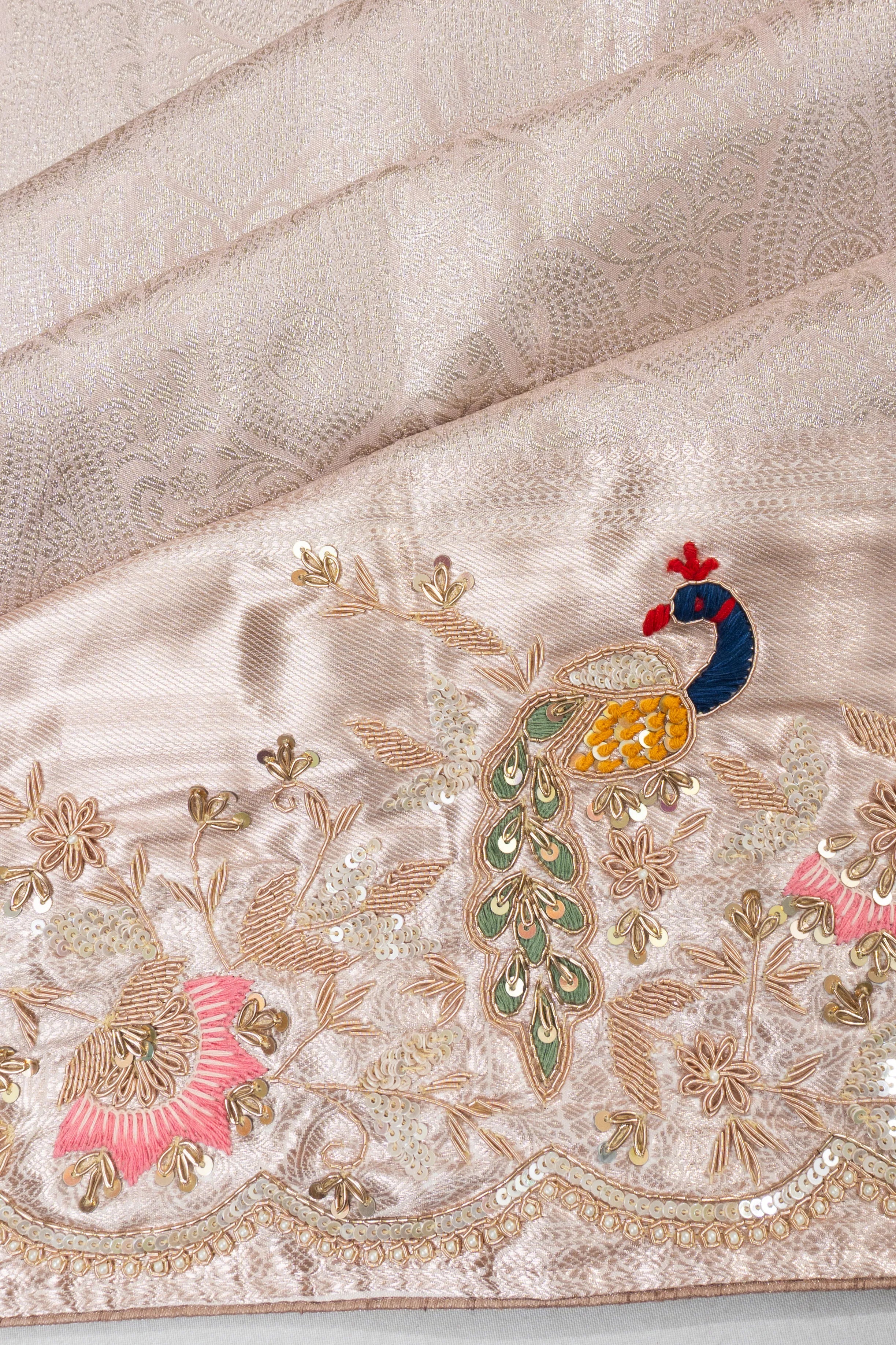 Kanchipuram Silk Tissue Brocade Cream Saree With Zardosi Work