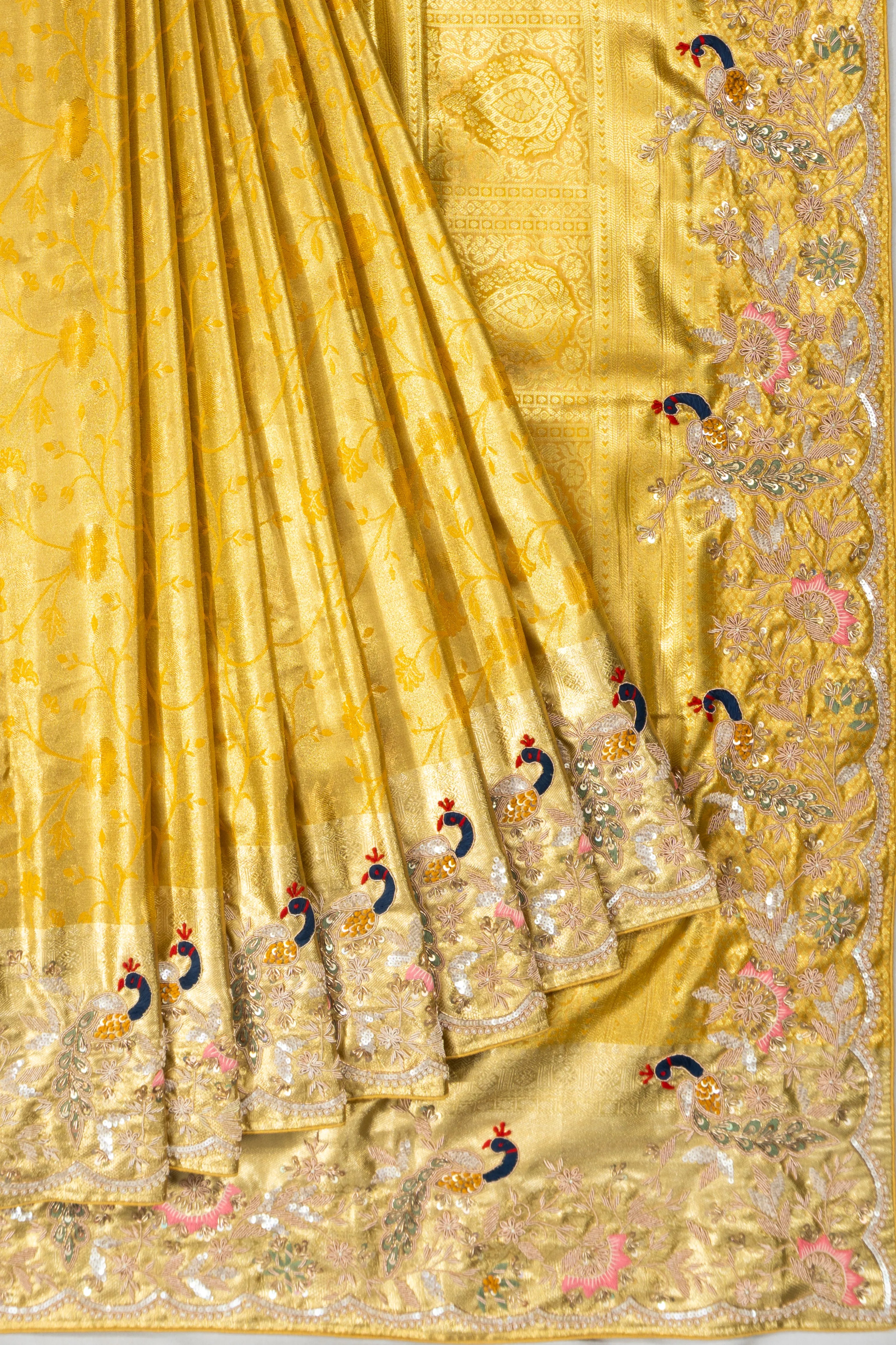 Kanchipuram Silk Tissue Brocade Gold Saree With Zardosi Work