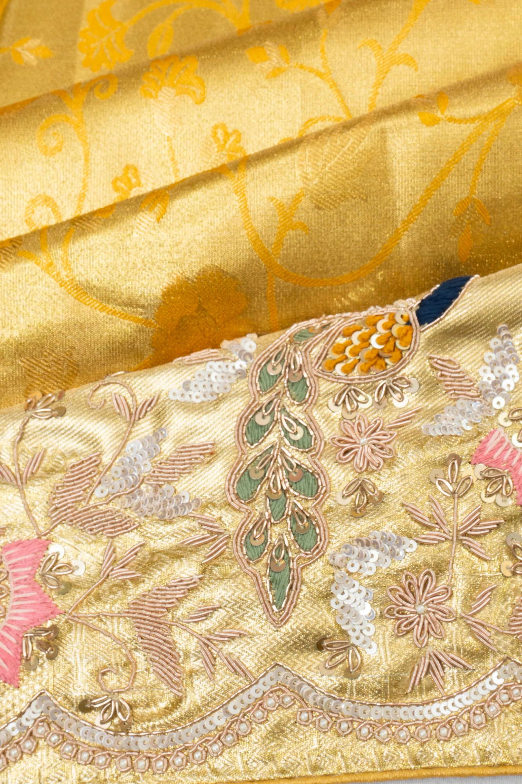Kanchipuram Silk Tissue Brocade Gold Saree With Zardosi Work