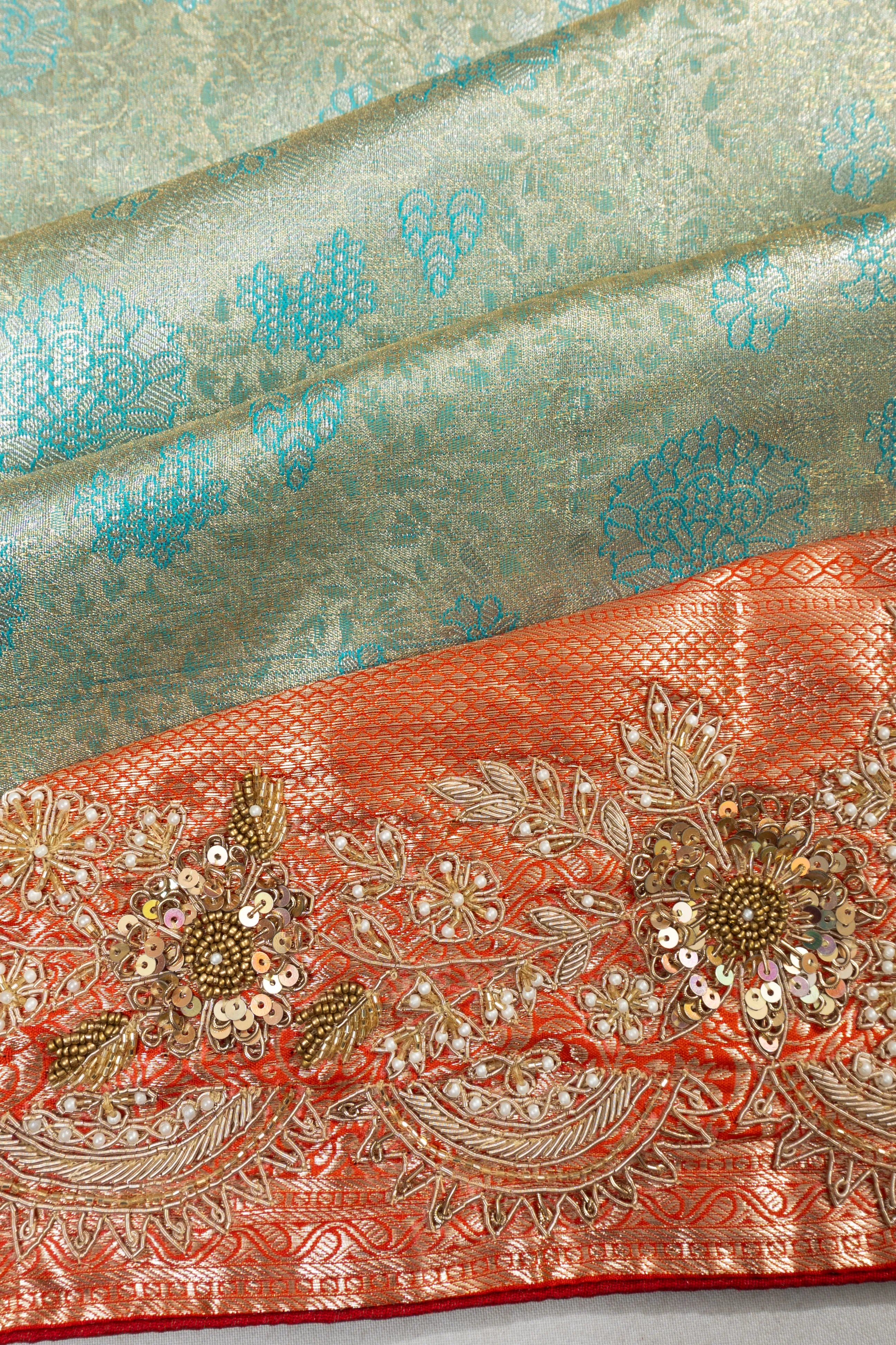 Kanchipuram Silk Tissue Brocade Sky Blue Saree With Zardosi Work