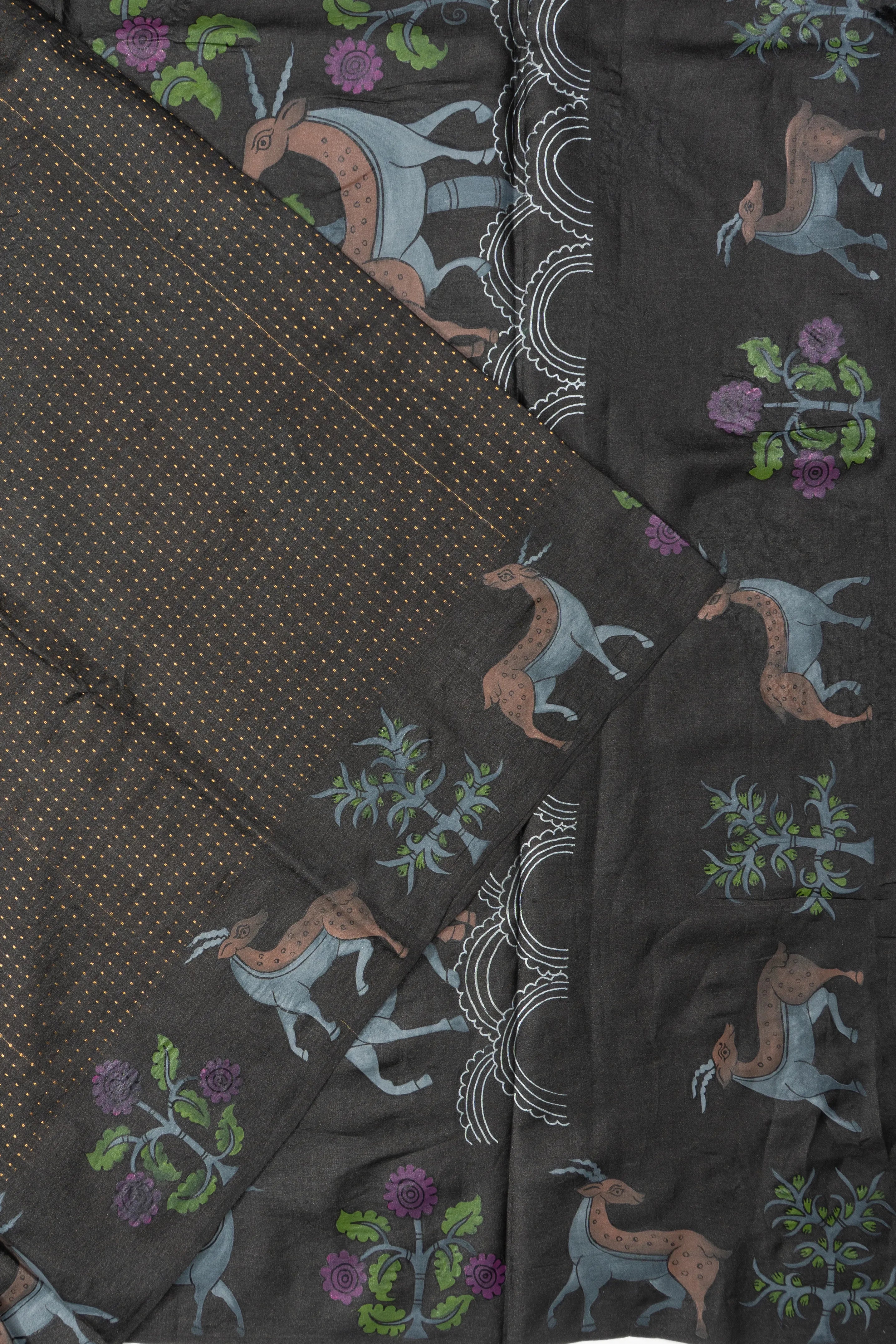 Tussar Brocade Black Saree With Hand Painted Border And Pallu