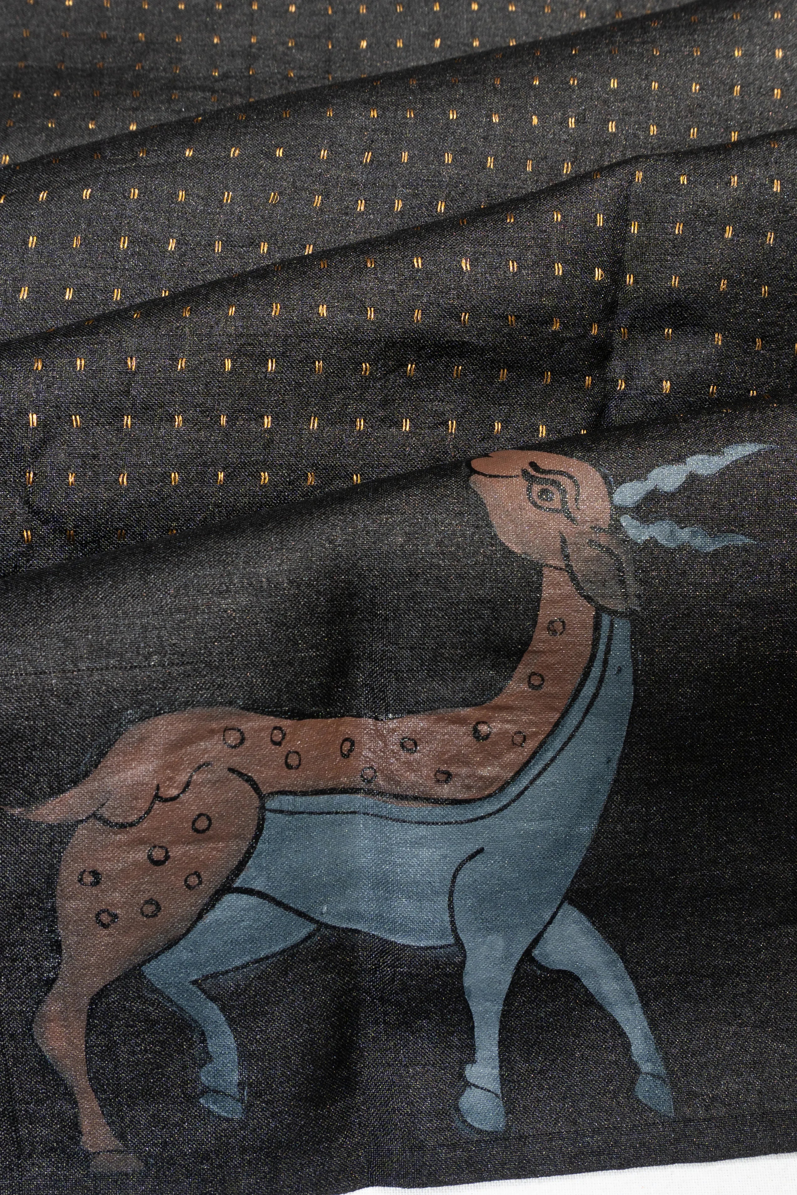 Tussar Brocade Black Saree With Hand Painted Border And Pallu