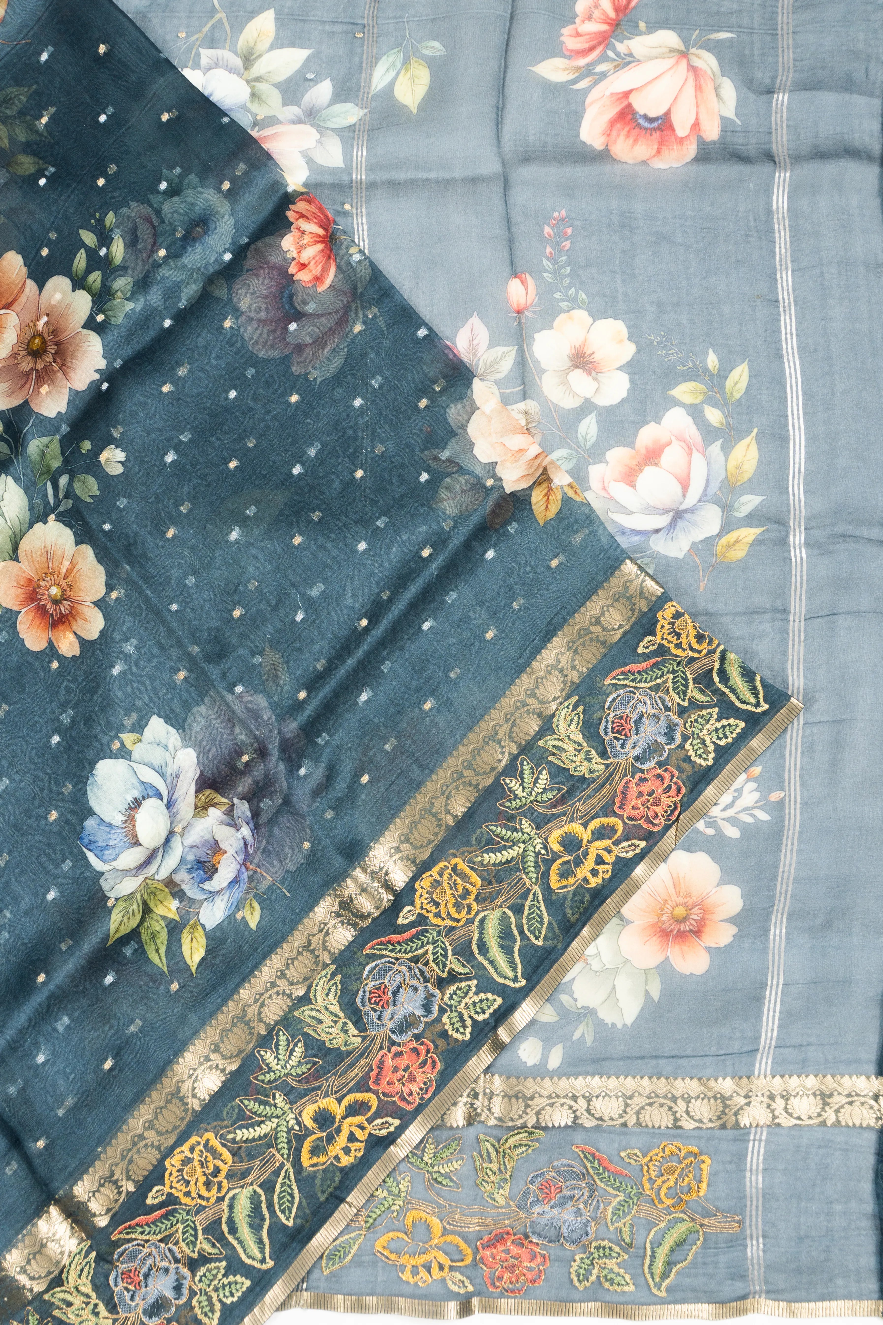 Organza Floral Printed And Butta Blue Saree