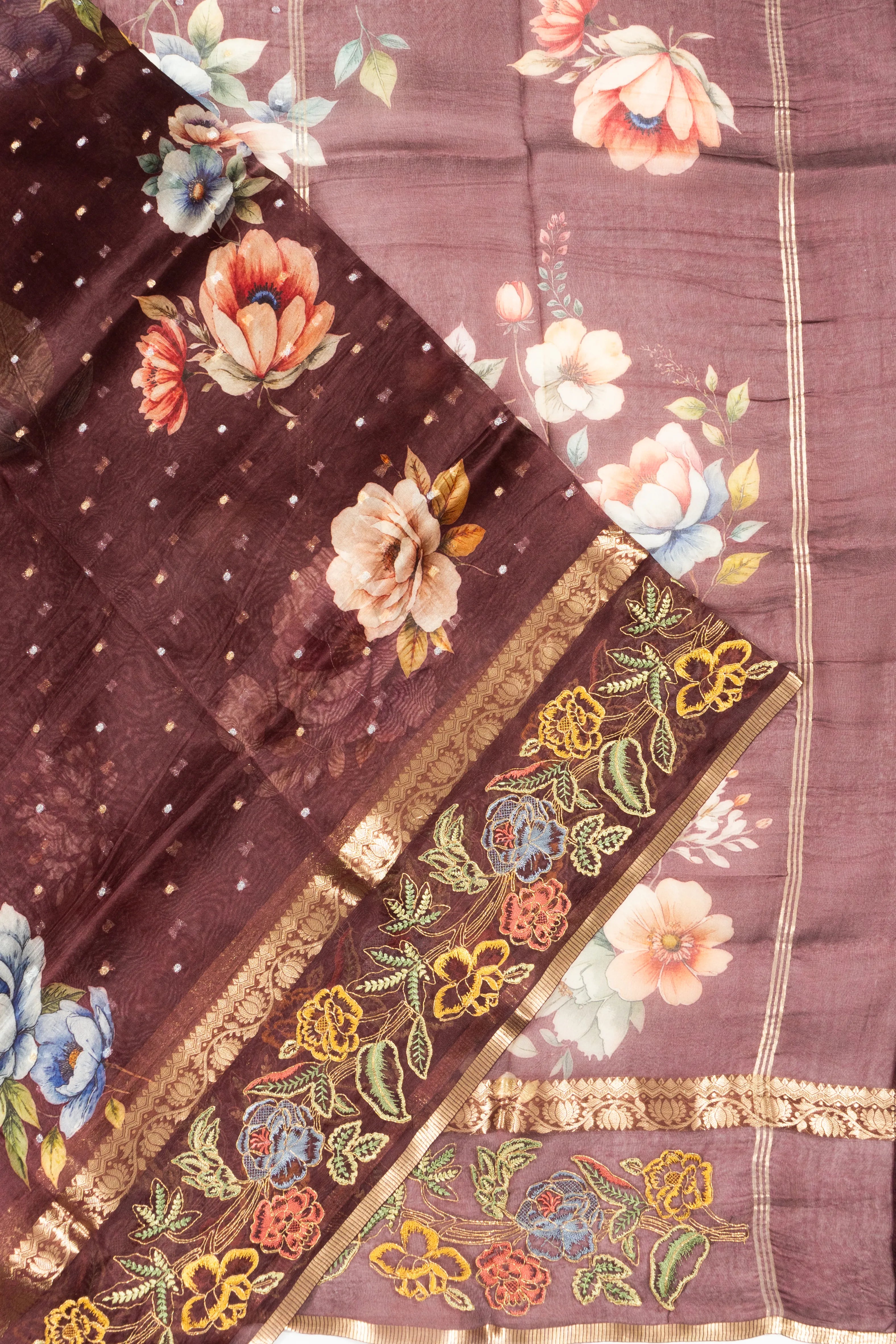Organza Floral Printed And Butta Brown Saree
