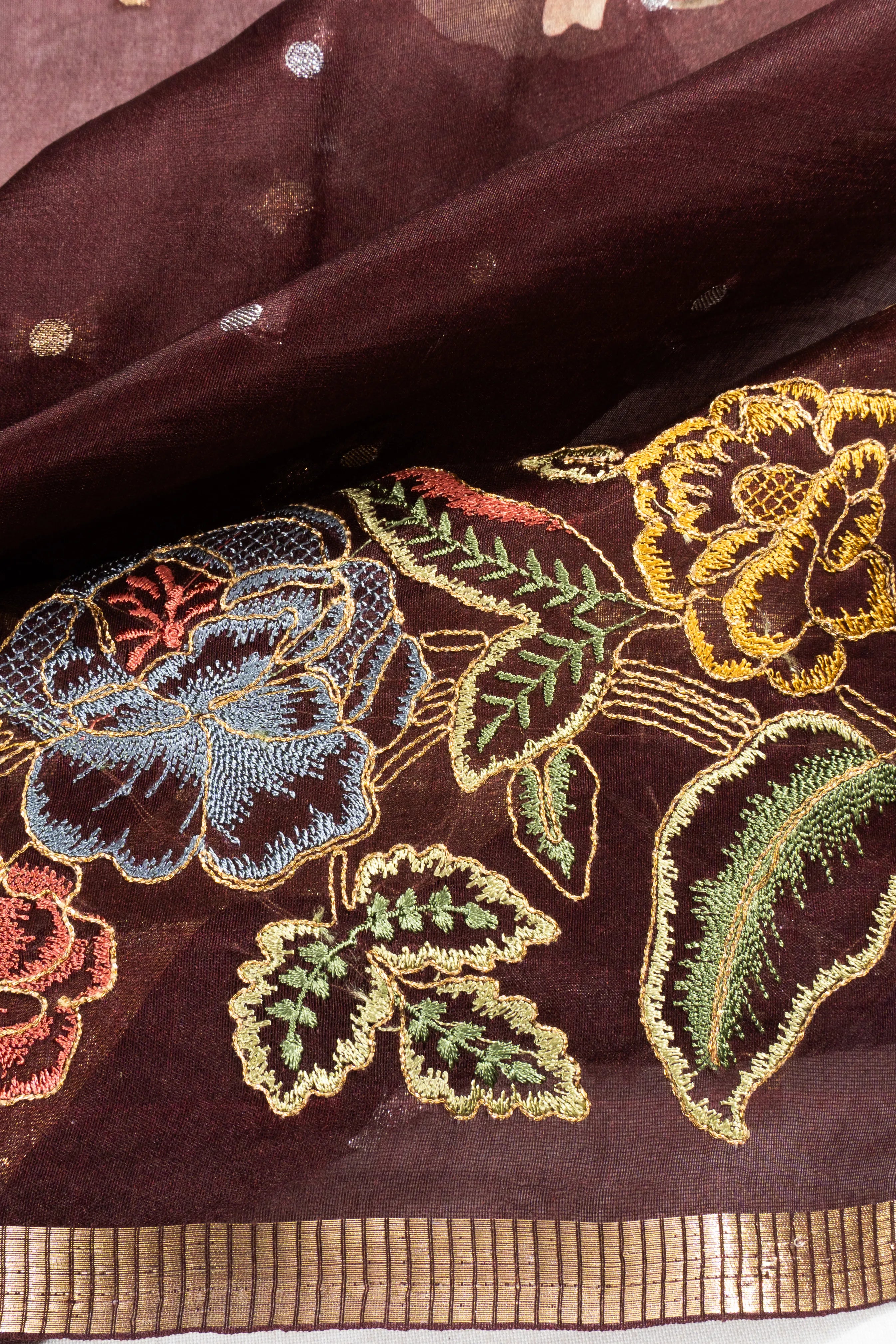 Organza Floral Printed And Butta Brown Saree