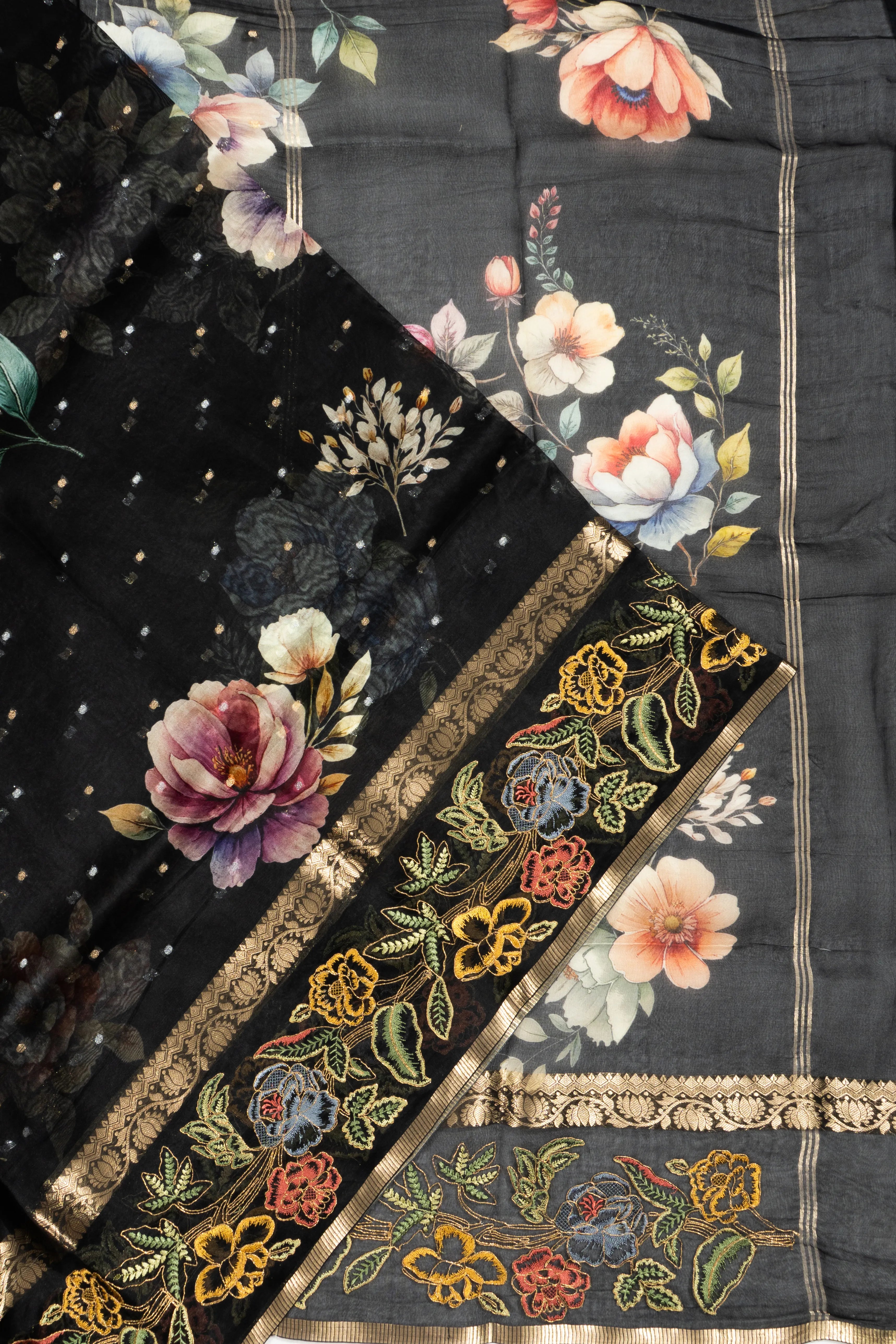 Organza Floral Printed And Butta Black Saree