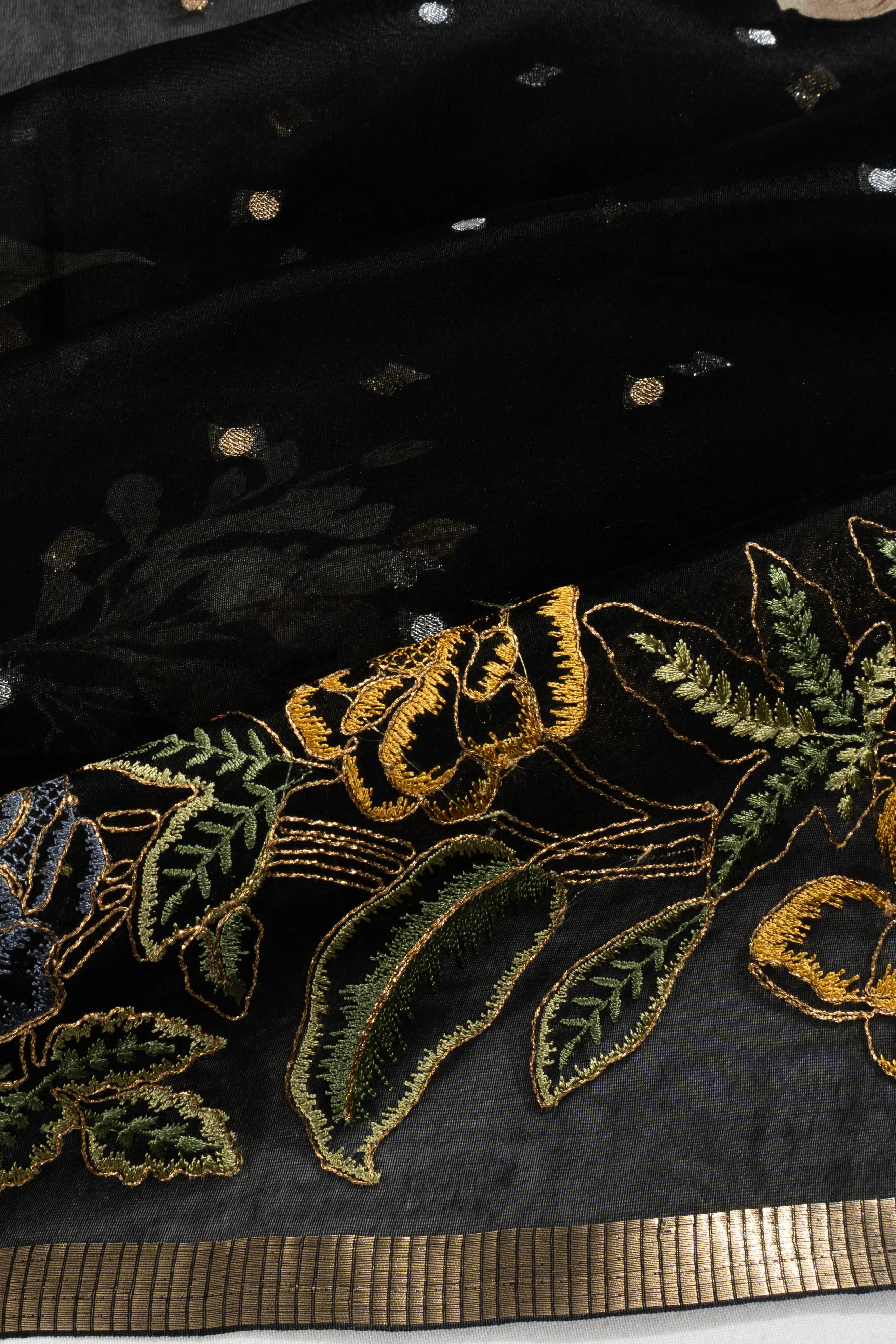 Organza Floral Printed And Butta Black Saree