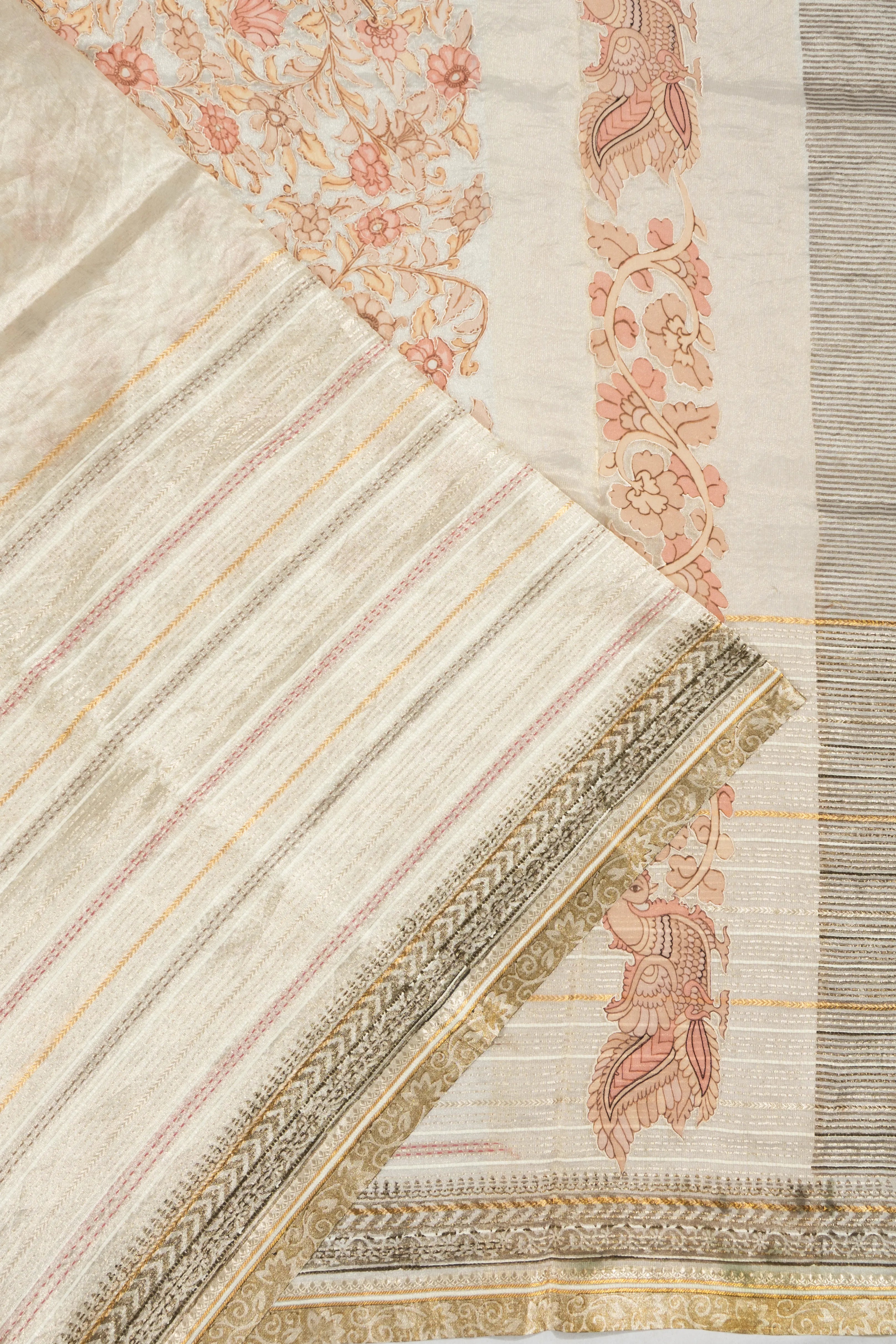 Organza Tissue Half And Half Printed Off White Saree