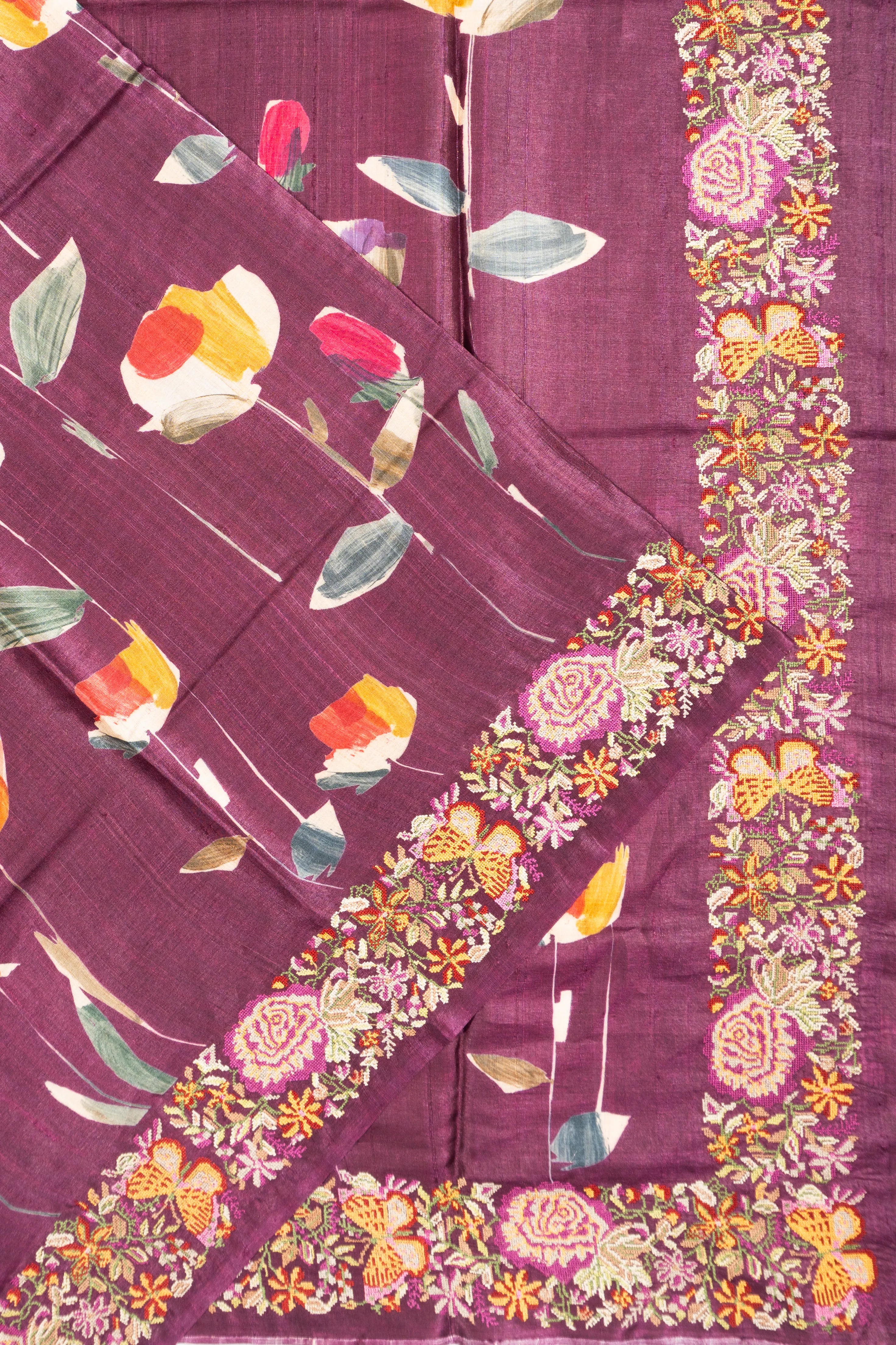 Tussar Floral Printed Lilac Saree With Embroidery Border