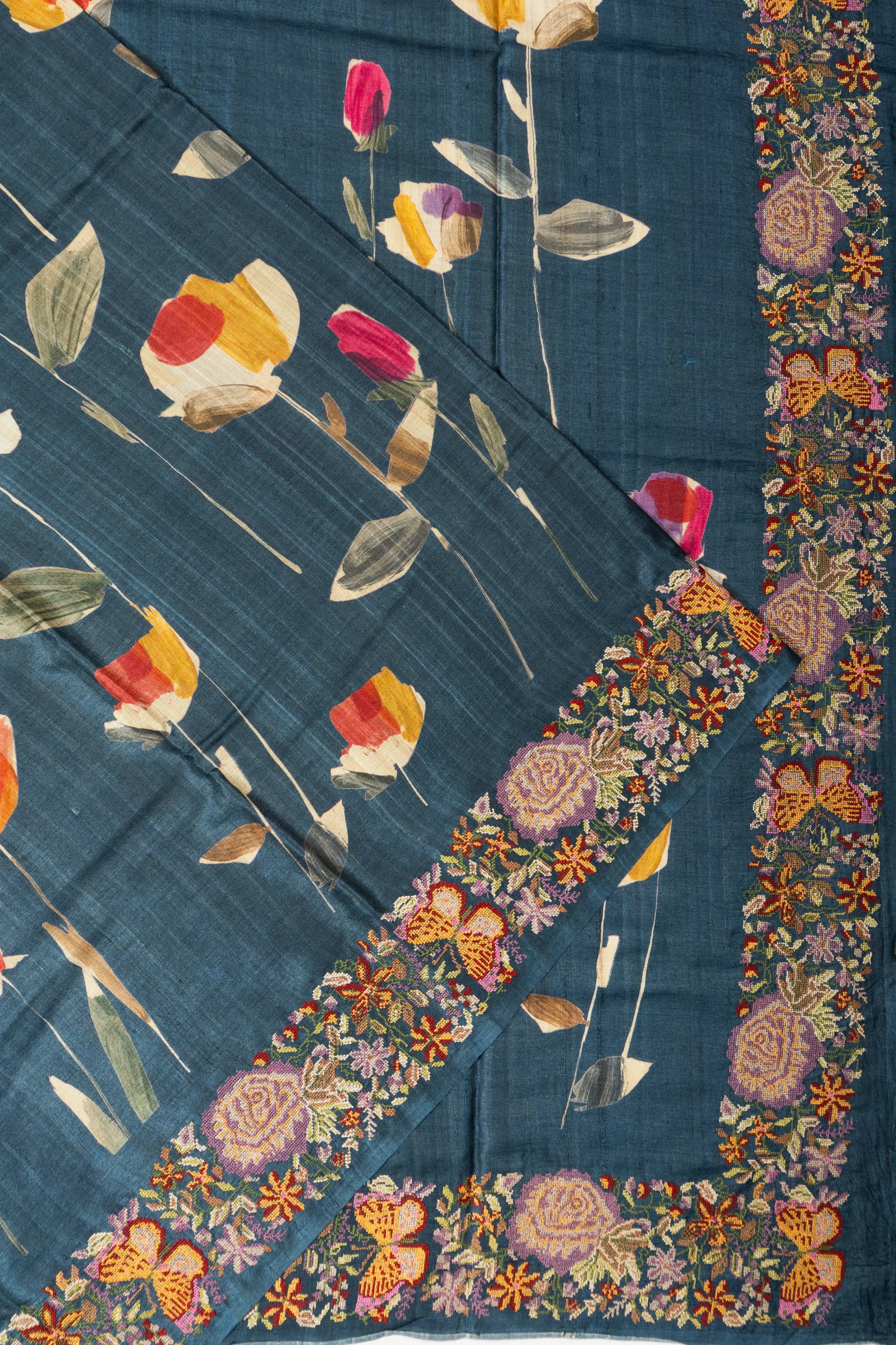 Tussar Floral Printed Blue Saree With Embroidery Border