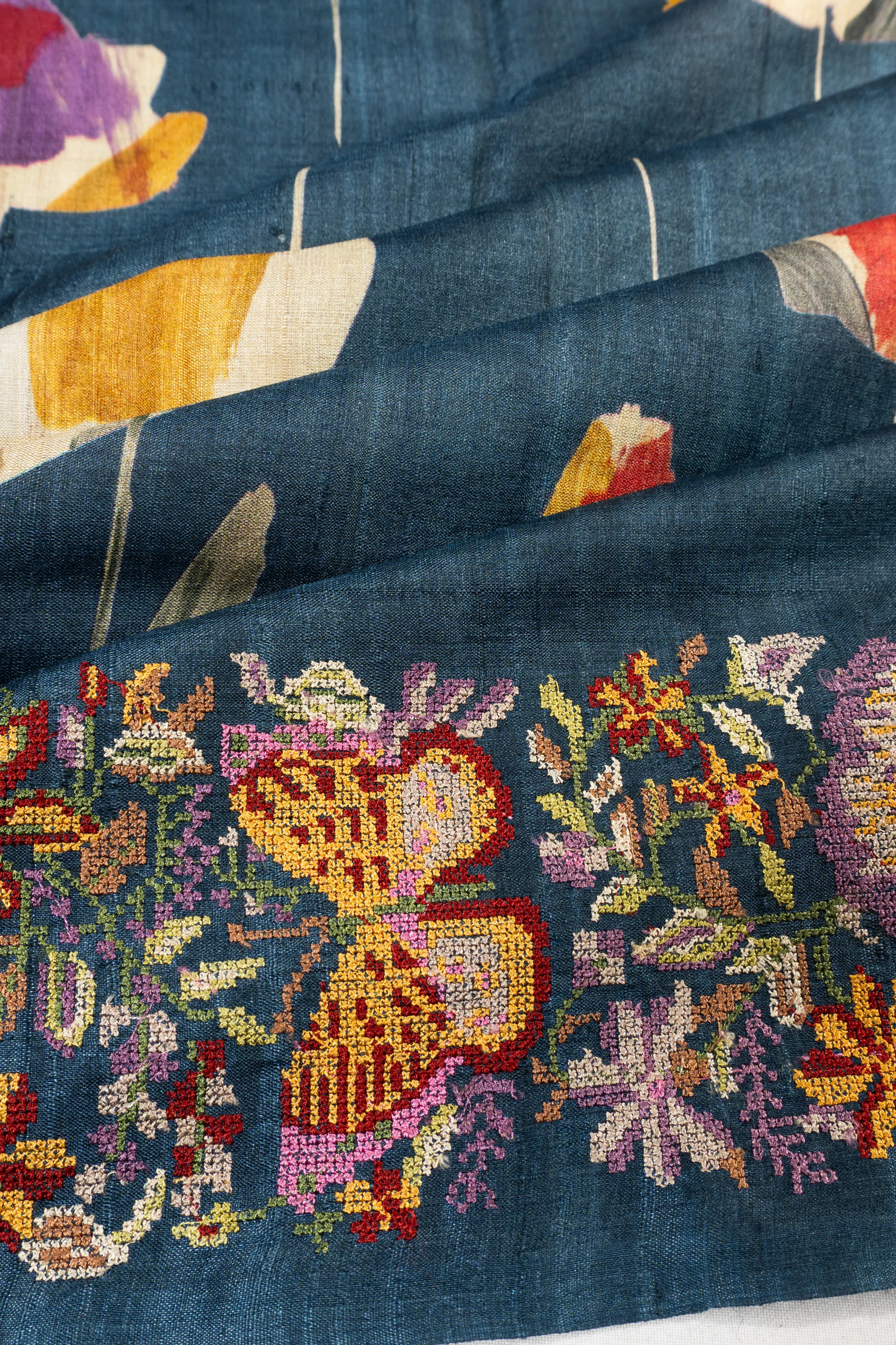 Tussar Floral Printed Blue Saree With Embroidery Border