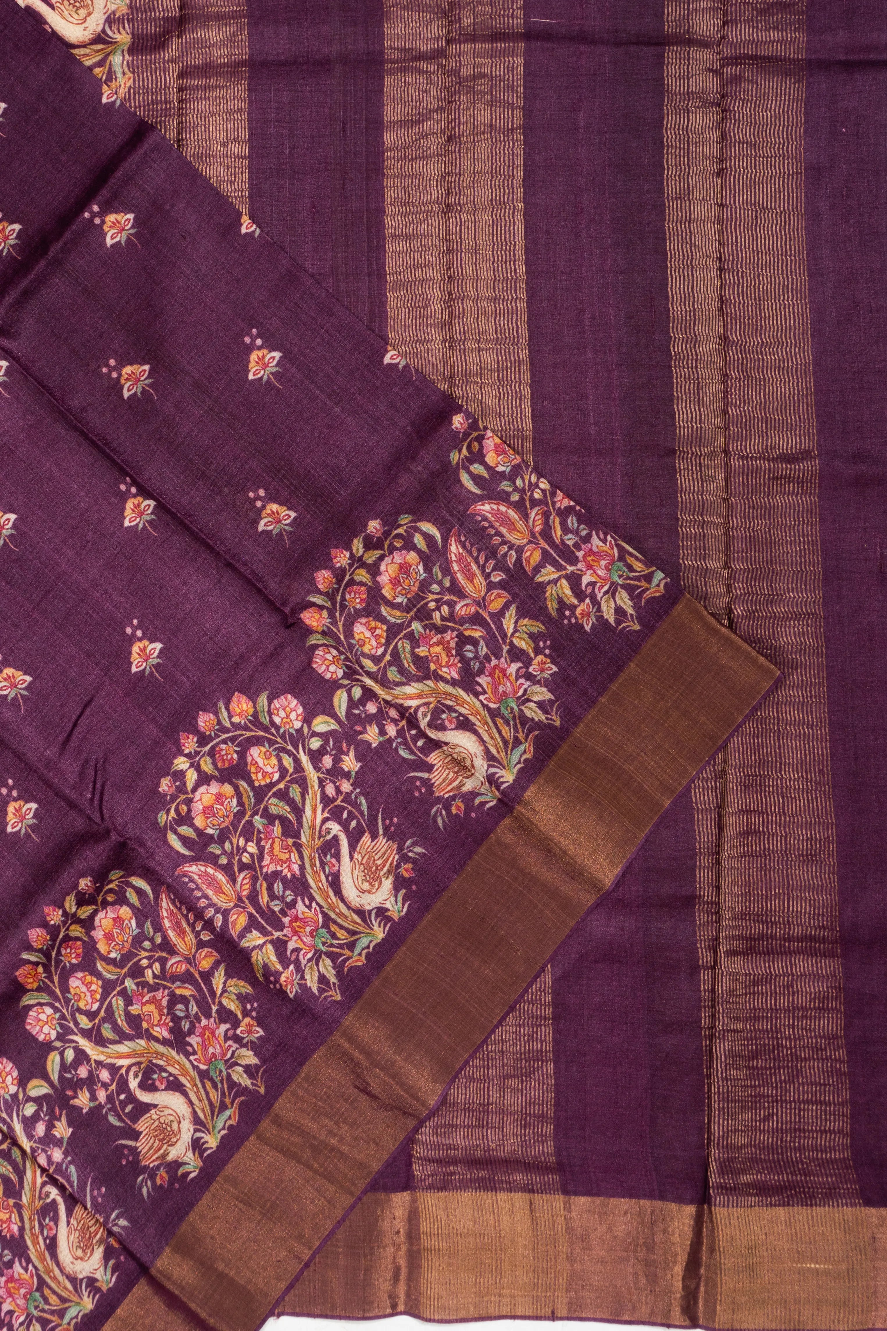 Tussar Floral Printed Butta Purple Saree